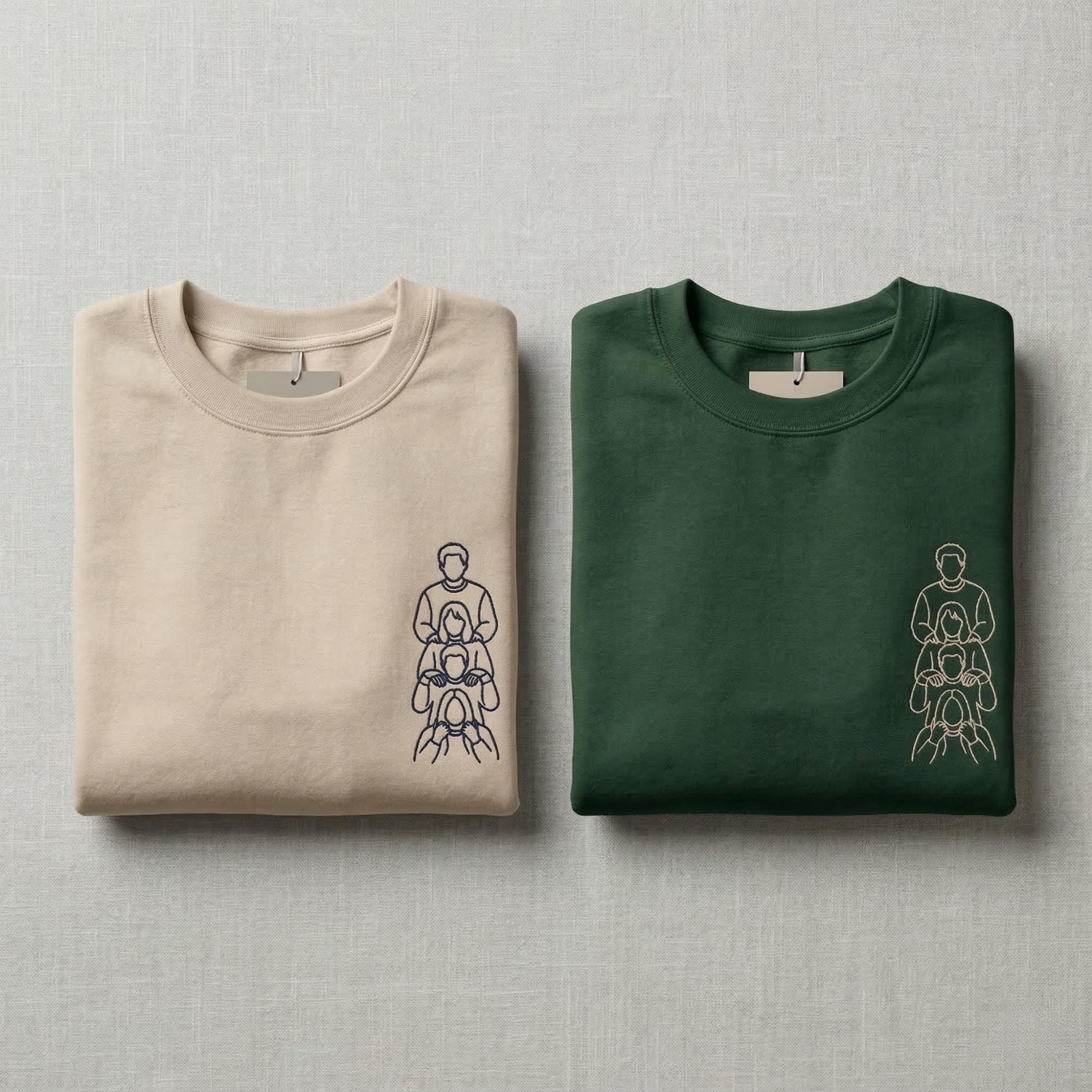 Custom Photo Embroidered Tees, Sketch from Photo, Personalised Couple or Family Portrait Tshirt, Line Art Embroidery Gift
