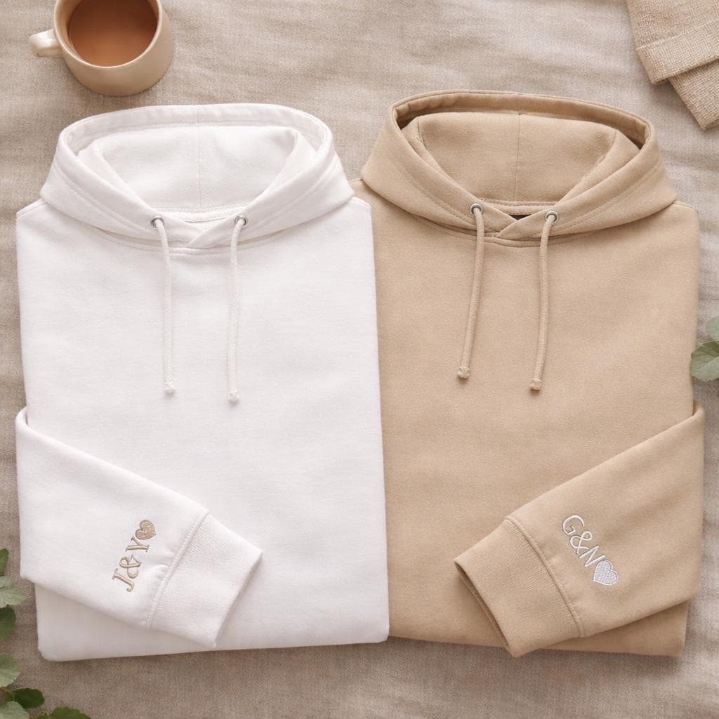 Custom Embroidered Initial with Heart Sleeve Hoodie, Personalised Couple Anniversary Sweatshirt, Matching His and Hers Shirts, Wedding Gifts