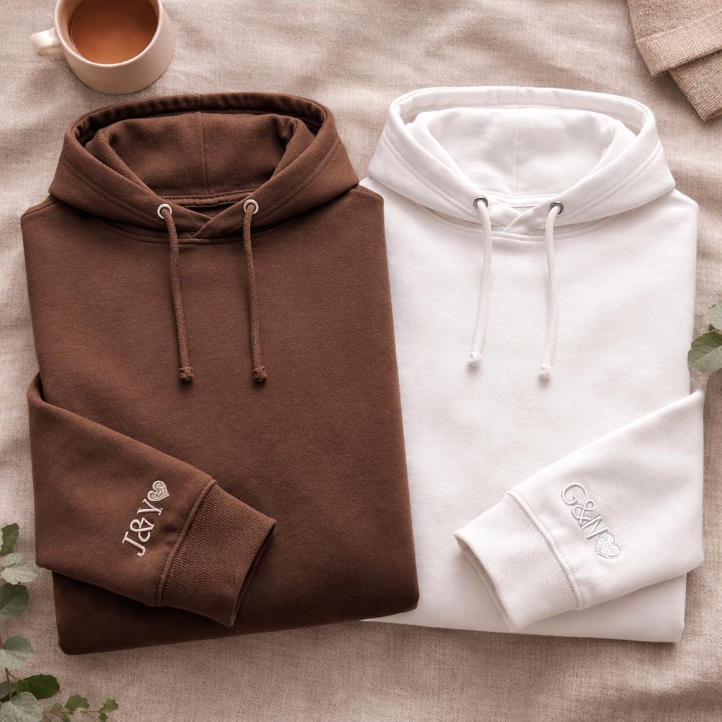Personalised Initial Heart Sleeve Hoodie, Custom Embroidered Couple Anniversary Shirts, Matching His and Hers Hoodies, Romantic Wedding Gift
