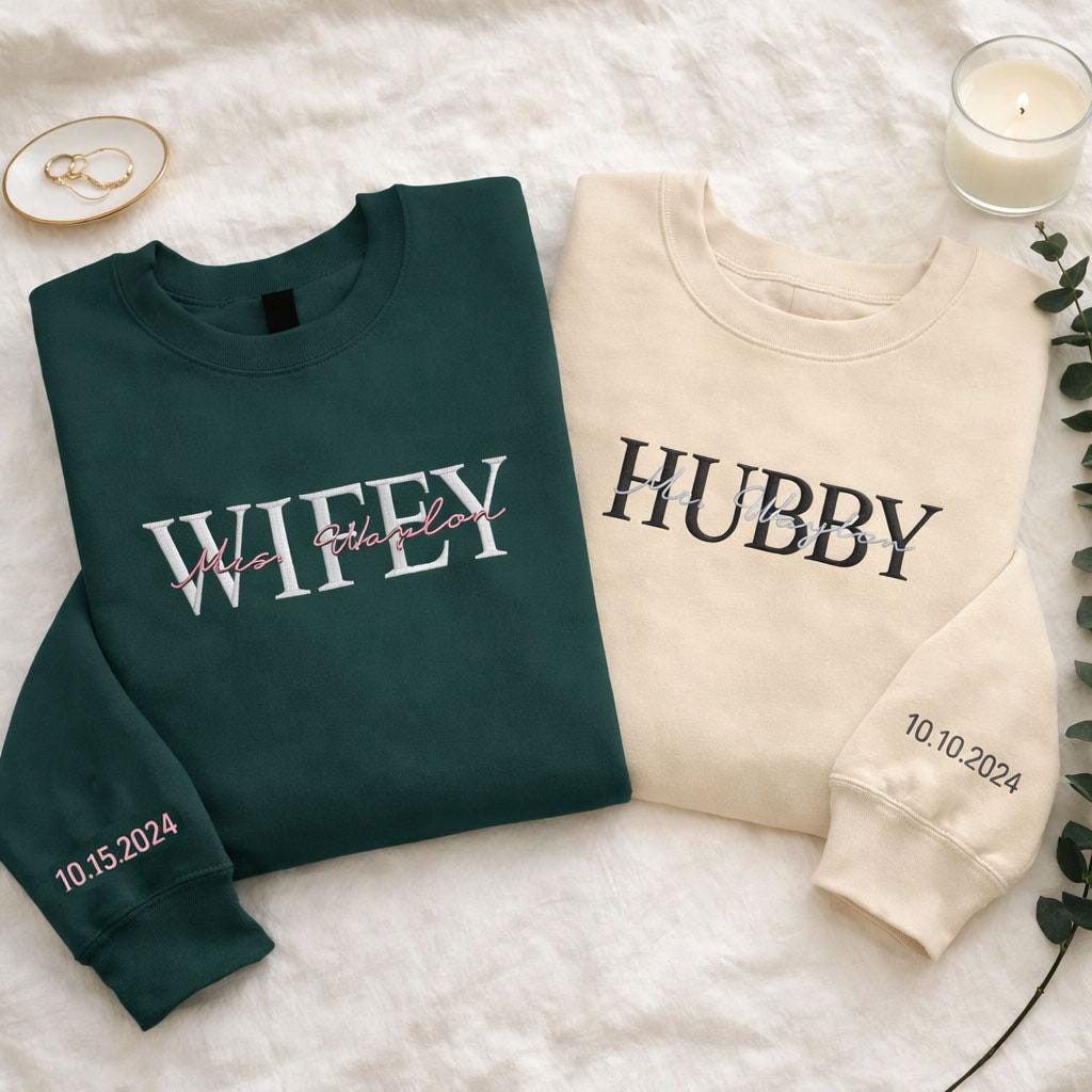 Personalised Embroidered Matching Sweatshirt, Wifey Hubby Wedding Sweatshirt, Anniversary Couple Sweatshirt, Engagement Gift for Bride To Be