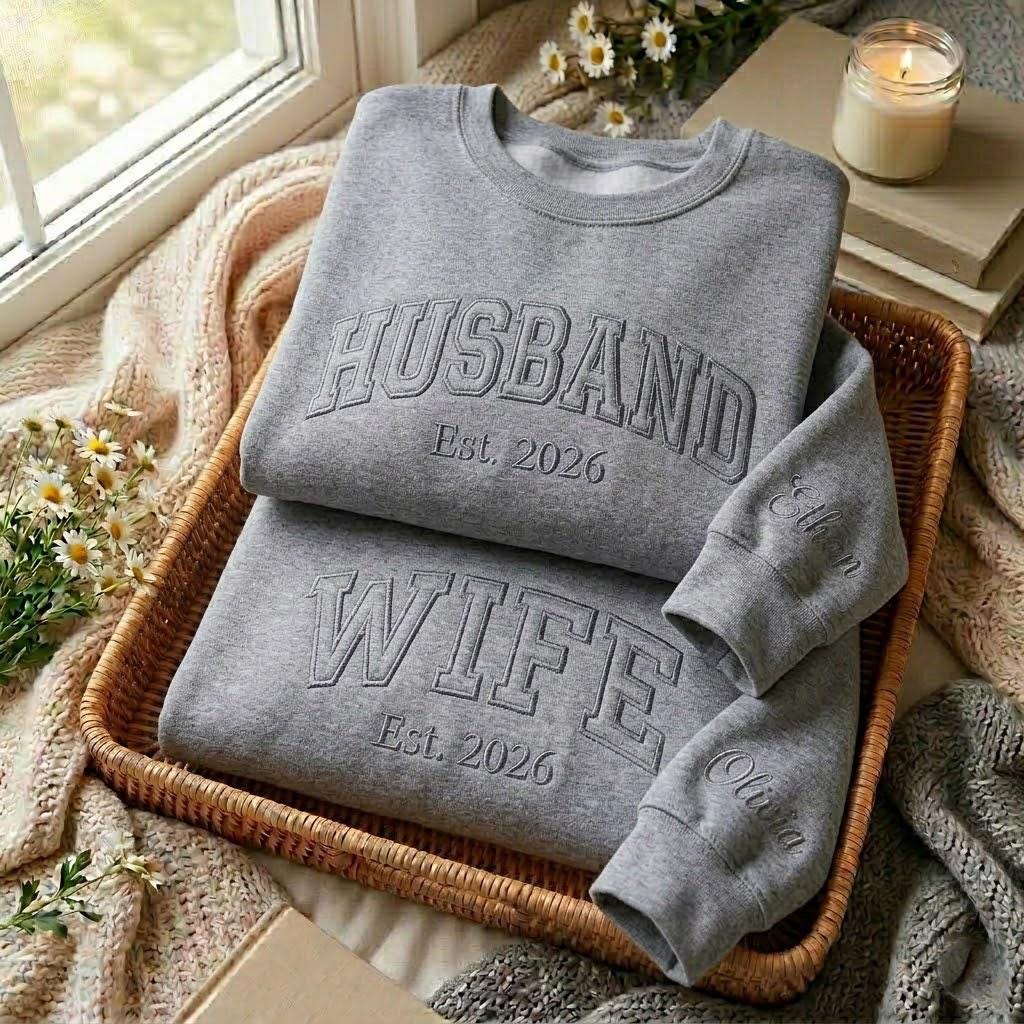 Embroidered Husband Wife Sweatshirt, Mr and Mrs Sweatshirt, Wedding Shirt, Newlywed Sweatshirt, Honeymoon Gift, Matching Couples Sweatshirt