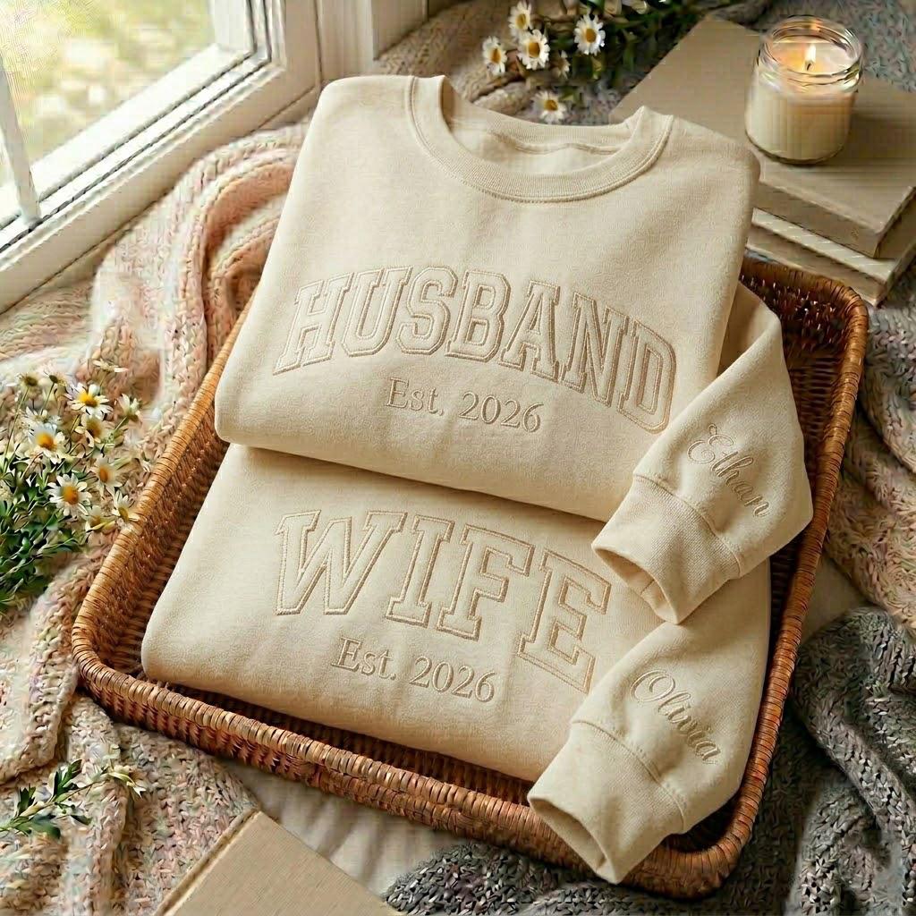 Embroidered Husband Wife Sweatshirt, Mr and Mrs Sweatshirt, Wedding Shirt, Newlywed Sweatshirt, Honeymoon Gift, Matching Couples Sweatshirt