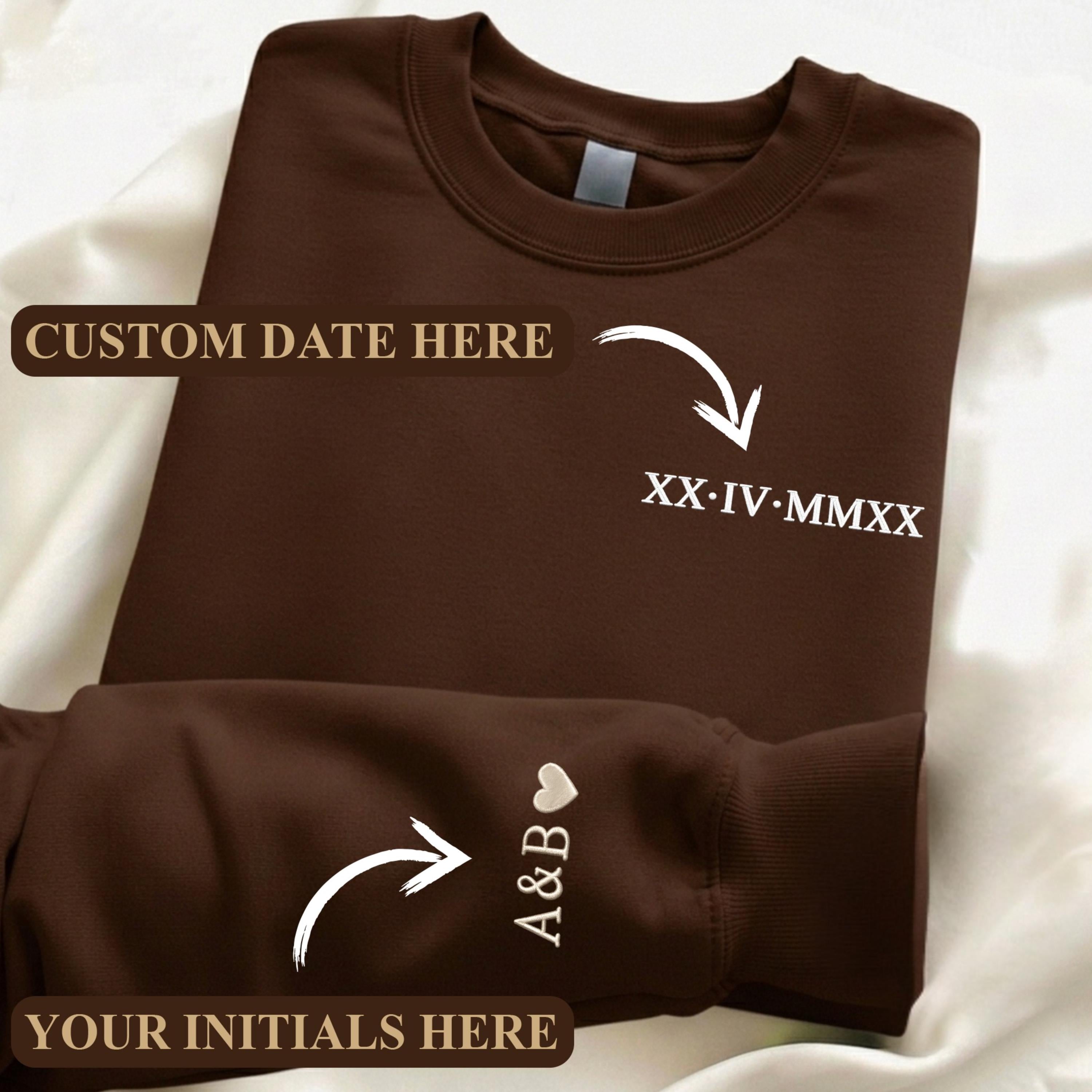 Embroidered Personalized Roman Numeral Date Hoodie, Custom Anniversary Sweatshirt, Couples Matching Hoodie, Initials Sleeve, Wedding Gift