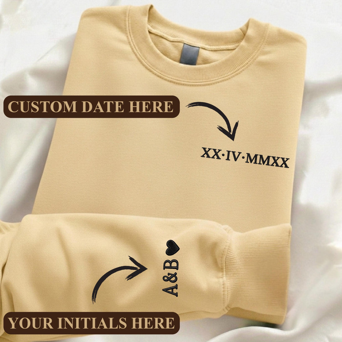Embroidered Personalized Roman Numeral Date Hoodie, Custom Anniversary Sweatshirt, Couples Matching Hoodie, Initials Sleeve, Wedding Gift