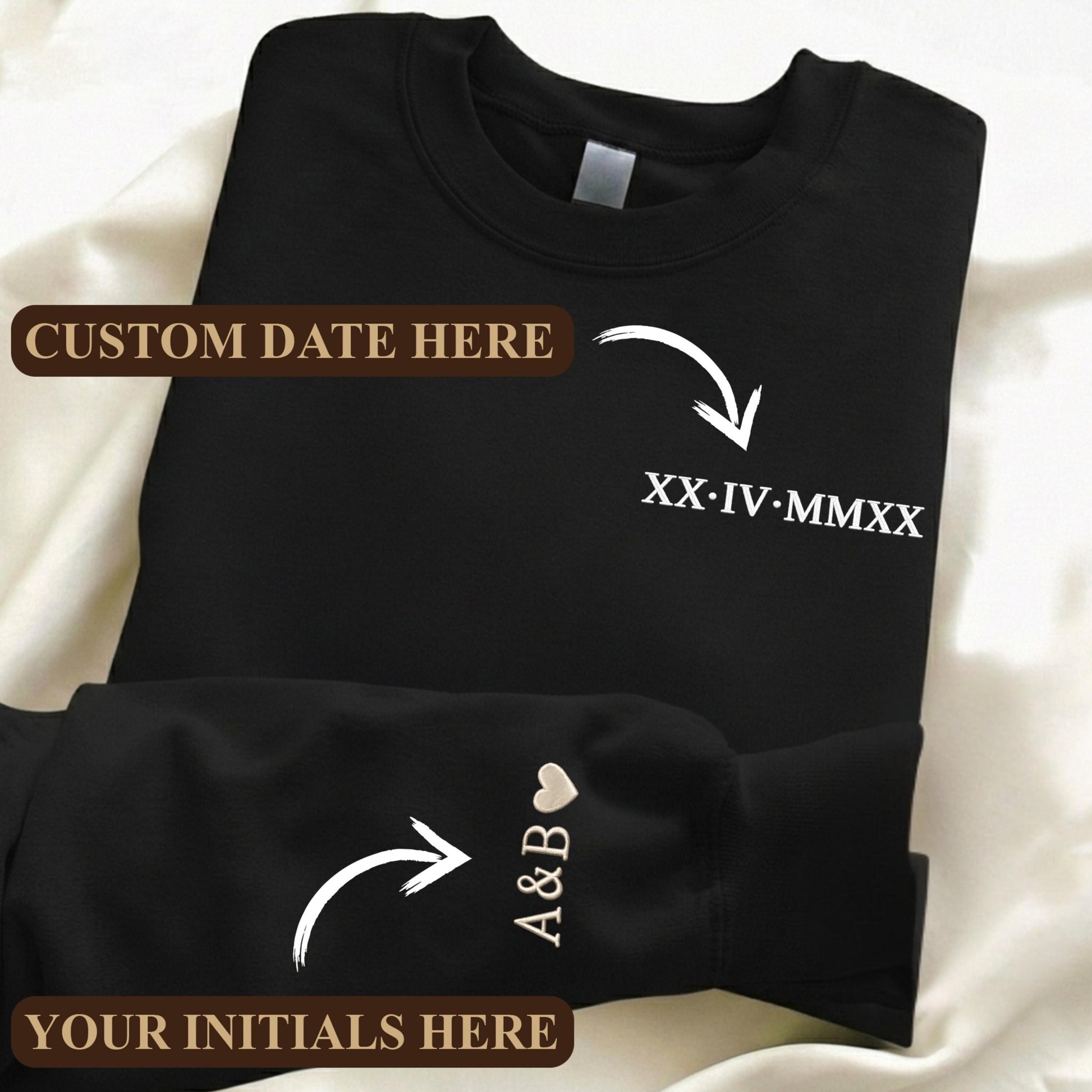 Embroidered Personalized Roman Numeral Date Hoodie, Custom Anniversary Sweatshirt, Couples Matching Hoodie, Initials Sleeve, Wedding Gift