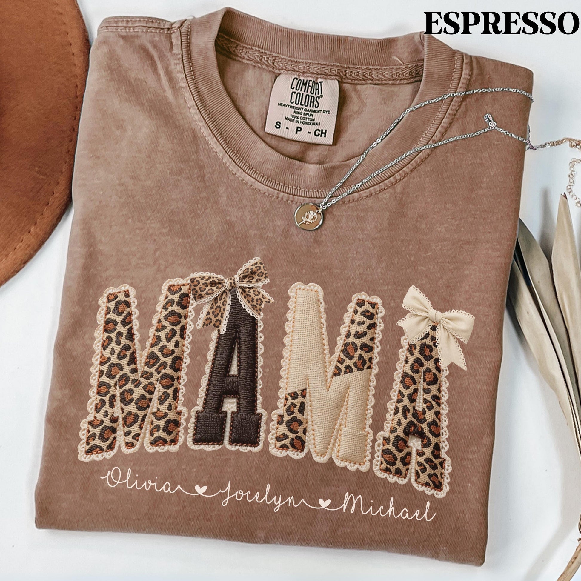 Comfort Colors® Custom Mama Shirt, Personalized Name Patchwork Shirt, Faux Embroidery Leopard Mama Tee, Coquette Mom Shirt, Mothers Day Gift