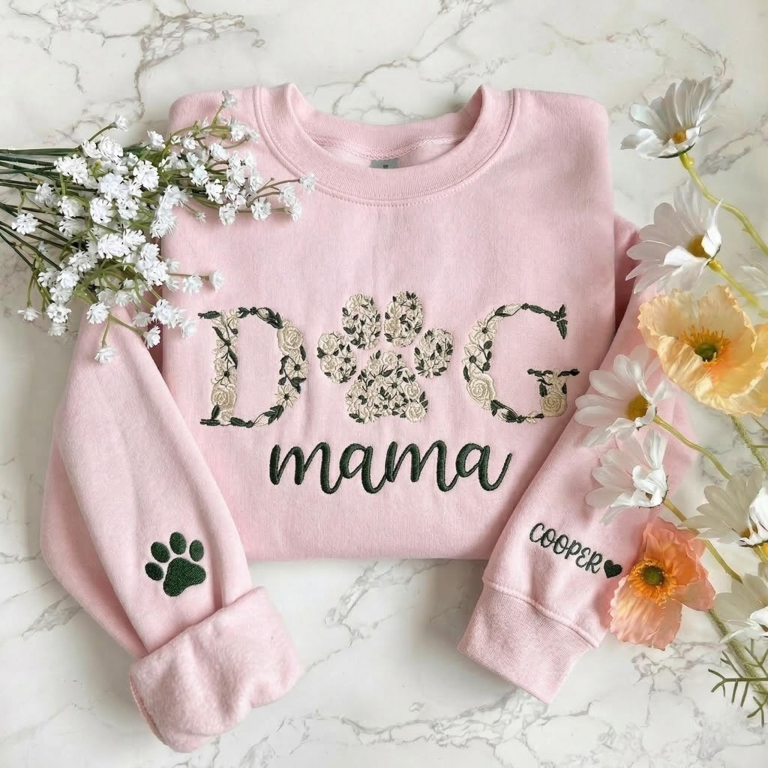 Custom Floral Dog Mama Embroidered Shirt, Personalized Pet Name Embroidery Sweatshirt, Flower Paw Print Crewneck, New Dog Mom Gift Idea