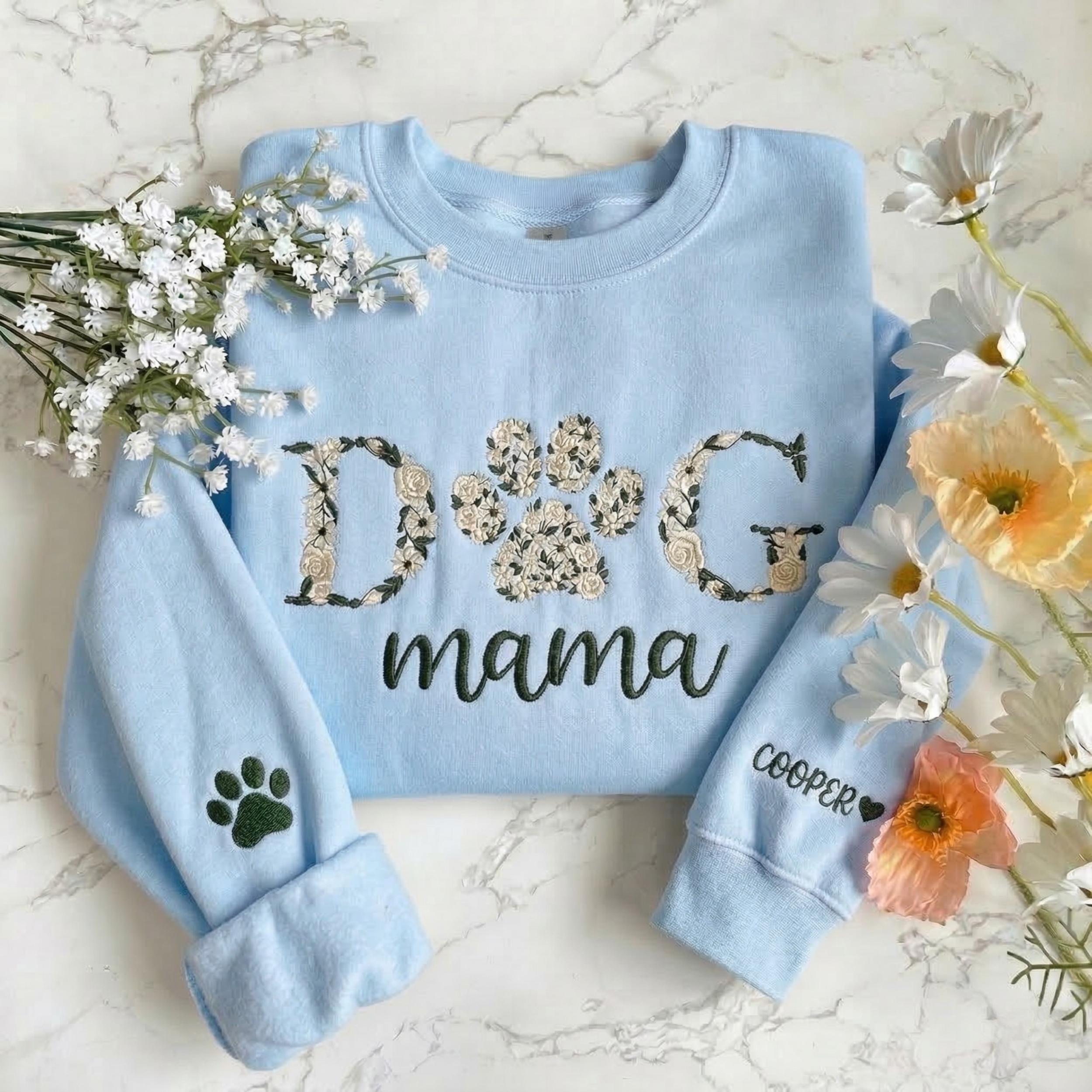 Custom Floral Dog Mama Embroidered Shirt, Personalized Pet Name Embroidery Sweatshirt, Flower Paw Print Crewneck, New Dog Mom Gift Idea