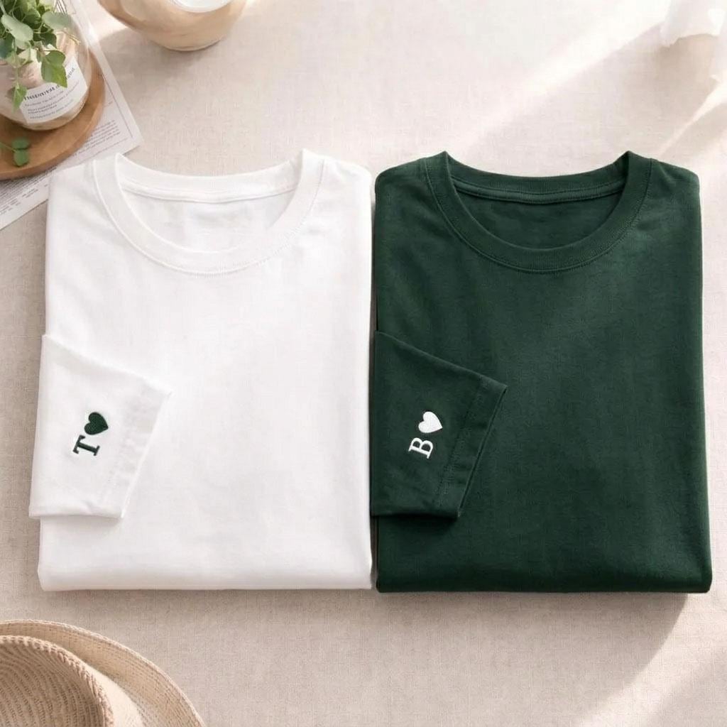 Custom Embroidered Initial with Heart Sleeve Hoodie, Personalised Couple Anniversary Sweatshirt, Matching His and Hers Shirts, Wedding Gifts