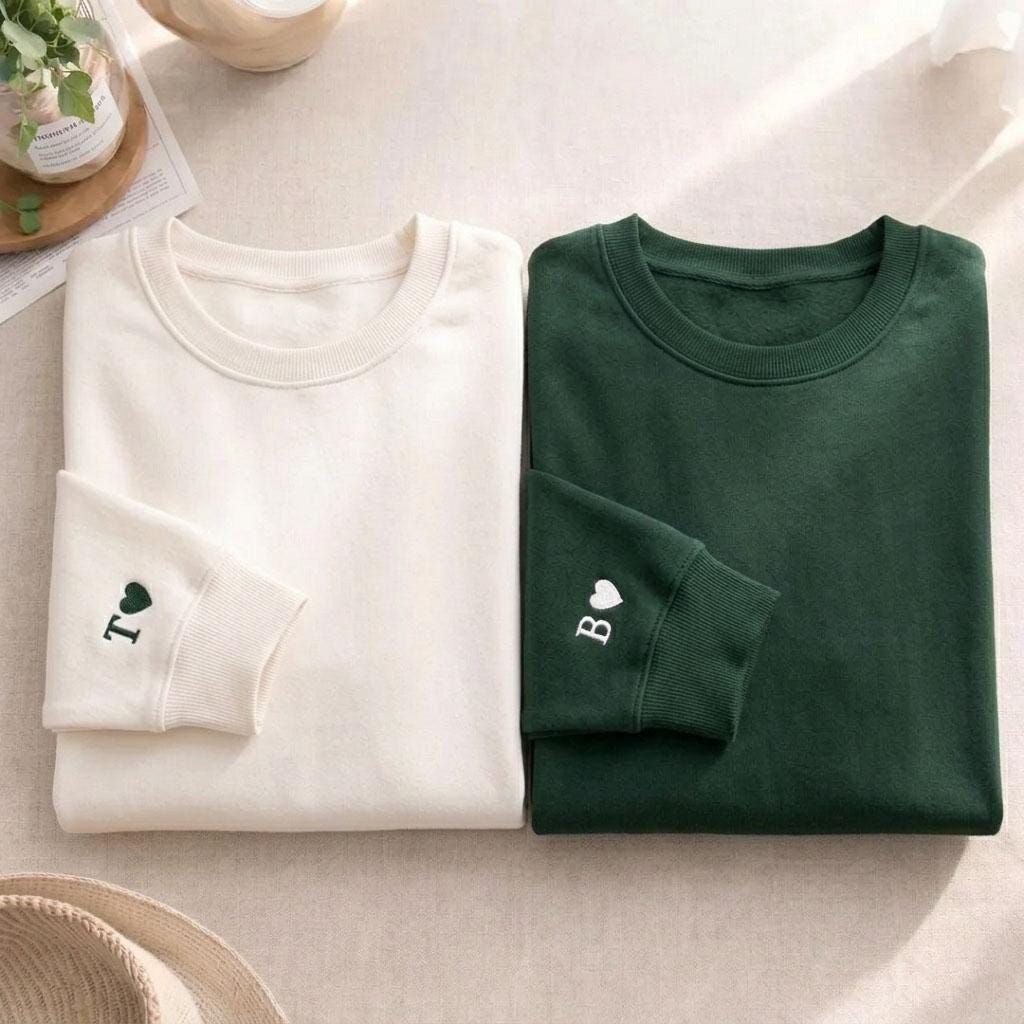 Custom Embroidered Initial with Heart Sleeve Hoodie, Personalised Couple Anniversary Sweatshirt, Matching His and Hers Shirts, Wedding Gifts