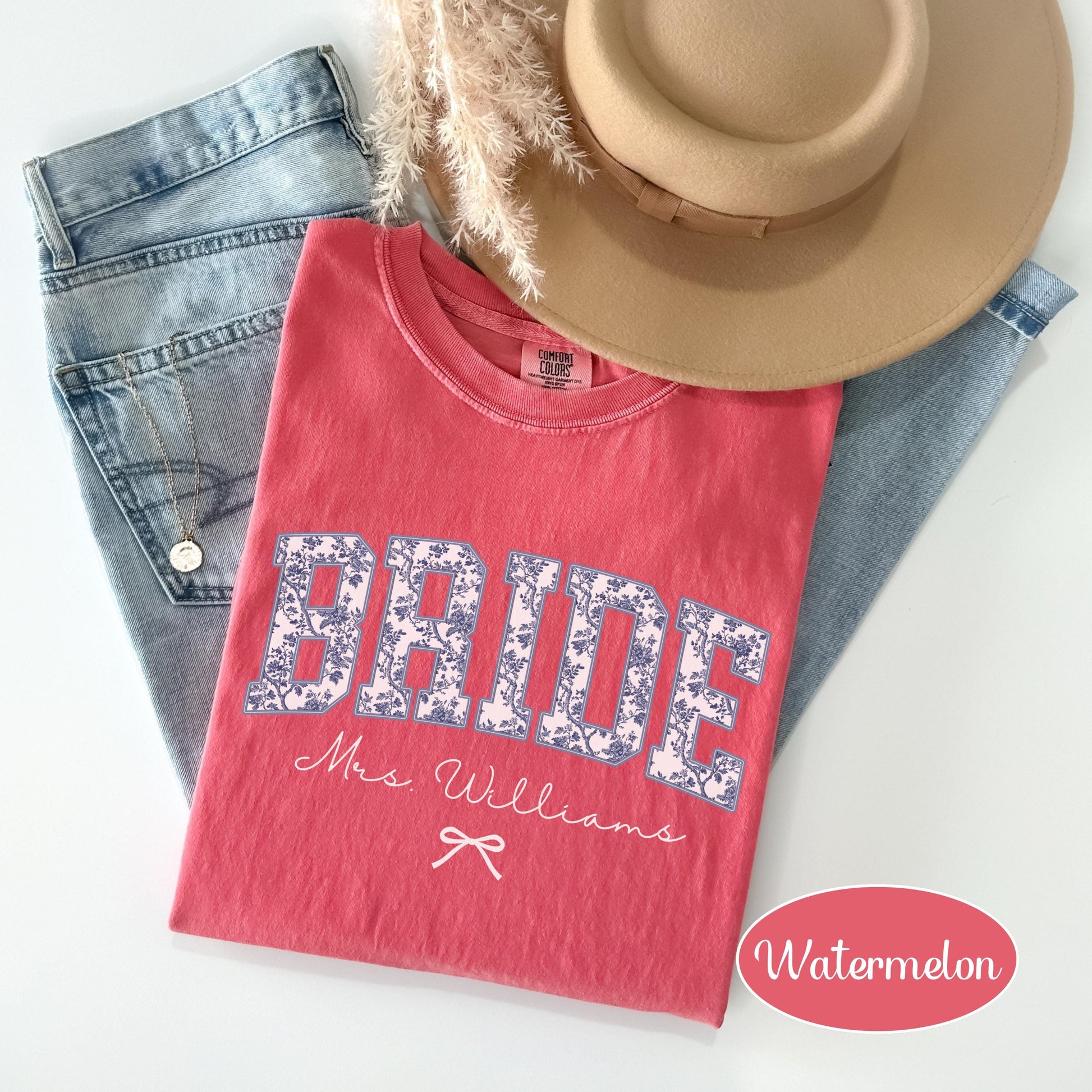 Custom Bride Shirt Blue Toile, Personalized Mrs Name Bridal Shower Gift, Chinoiserie Bride Tee, Engagement Day Getting Ready, Bachelorette