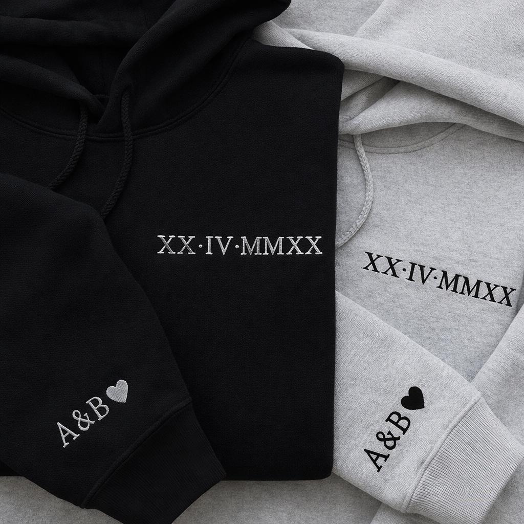 Embroidered Personalized Roman Numeral Date Hoodie, Custom Anniversary Sweatshirt, Couples Matching Hoodie, Initials Sleeve, Wedding Gift