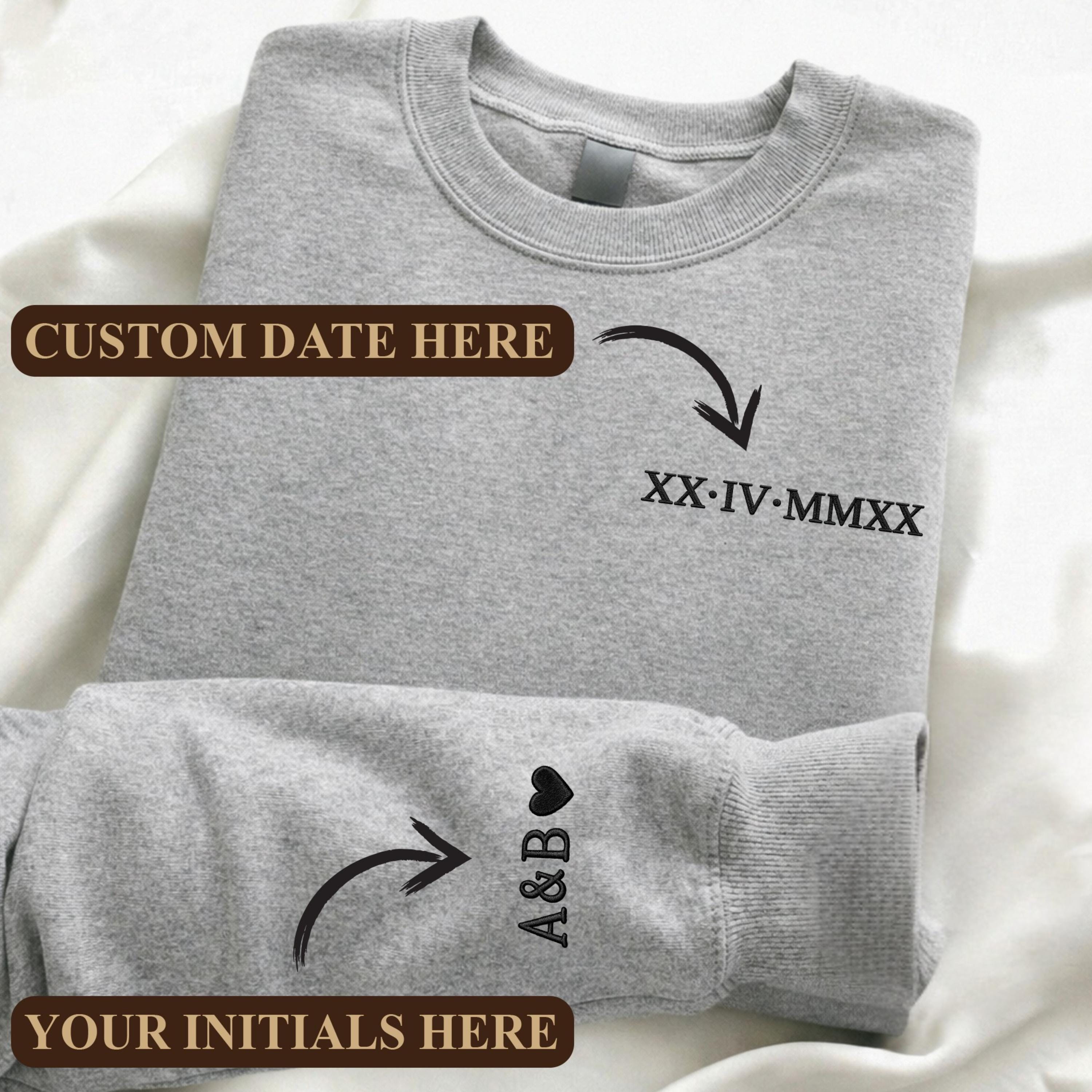 Embroidered Personalized Roman Numeral Date Hoodie, Custom Anniversary Sweatshirt, Couples Matching Hoodie, Initials Sleeve, Wedding Gift