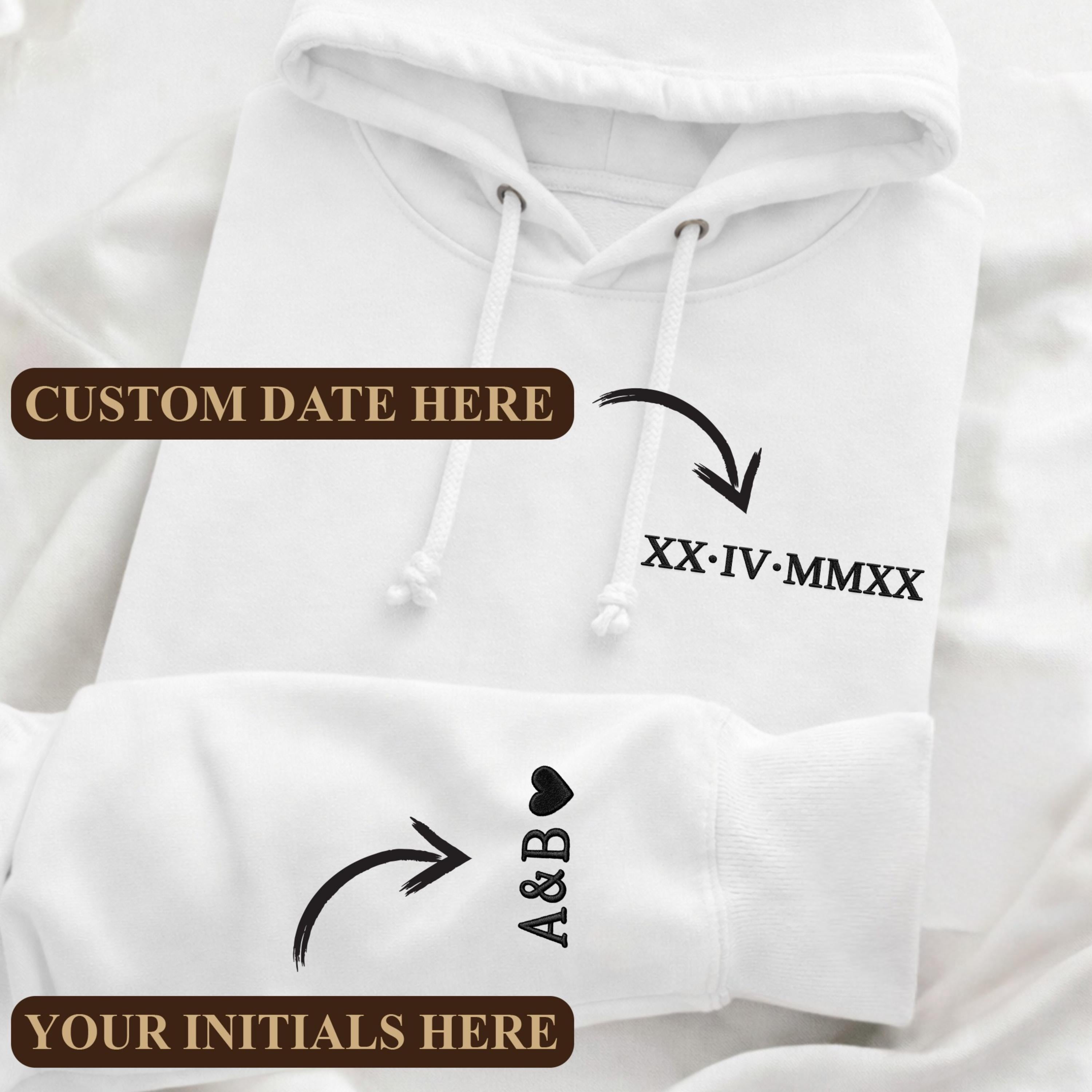 Embroidered Personalized Roman Numeral Date Hoodie, Custom Anniversary Sweatshirt, Couples Matching Hoodie, Initials Sleeve, Wedding Gift