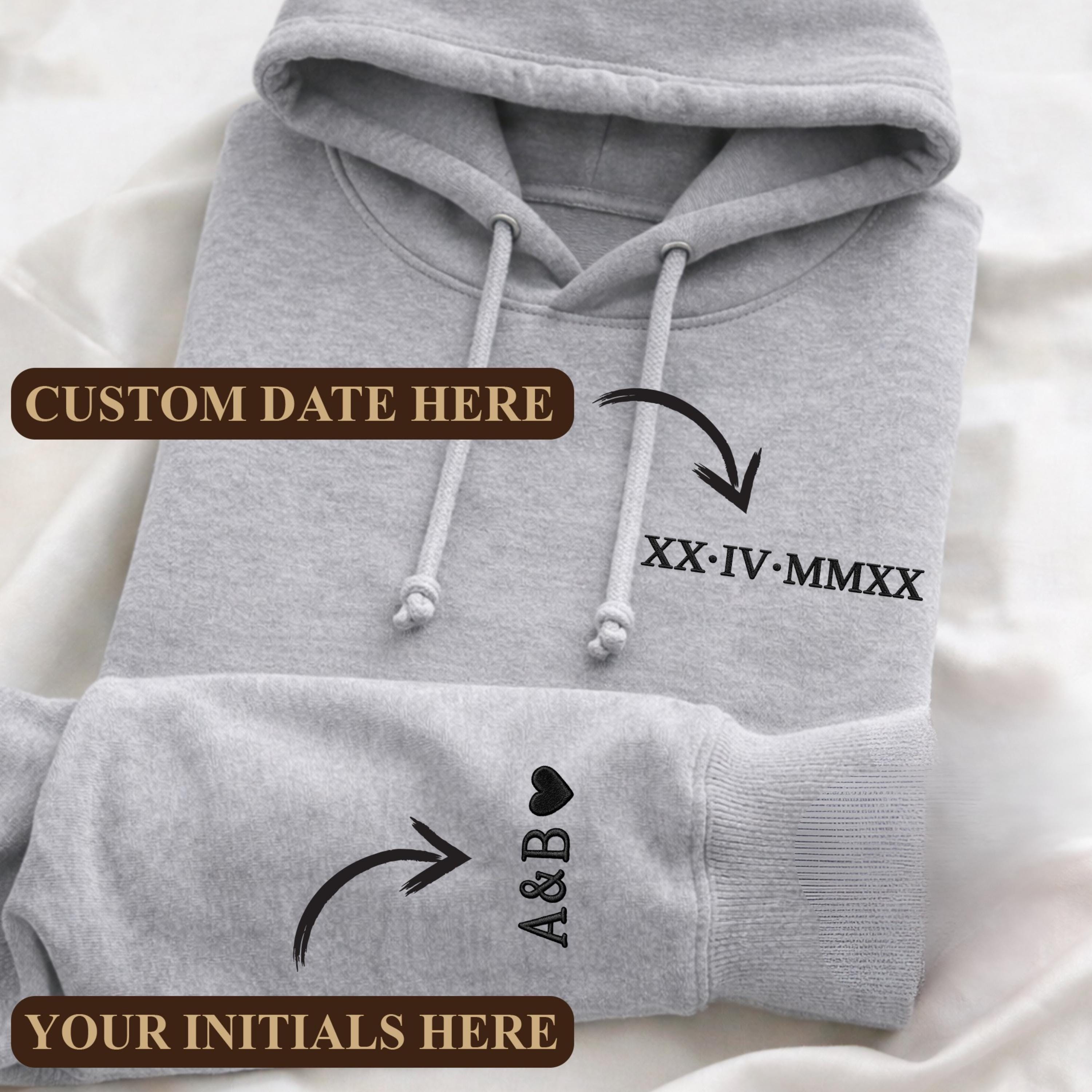 Embroidered Personalized Roman Numeral Date Hoodie, Custom Anniversary Sweatshirt, Couples Matching Hoodie, Initials Sleeve, Wedding Gift