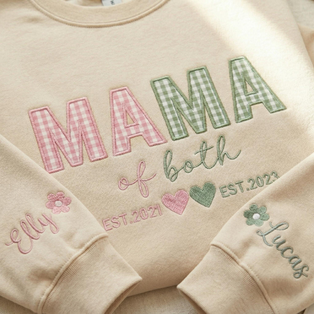 Custom Gingham Applique Crewneck Mama Sweatshirt, Personalized Boy and Girl Mom Shirt, Mama of Both Embroidered Sweatshirt