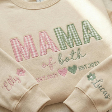 Custom Gingham Applique Crewneck Mama Sweatshirt, Personalized Boy and Girl Mom Shirt, Mama of Both Embroidered Sweatshirt