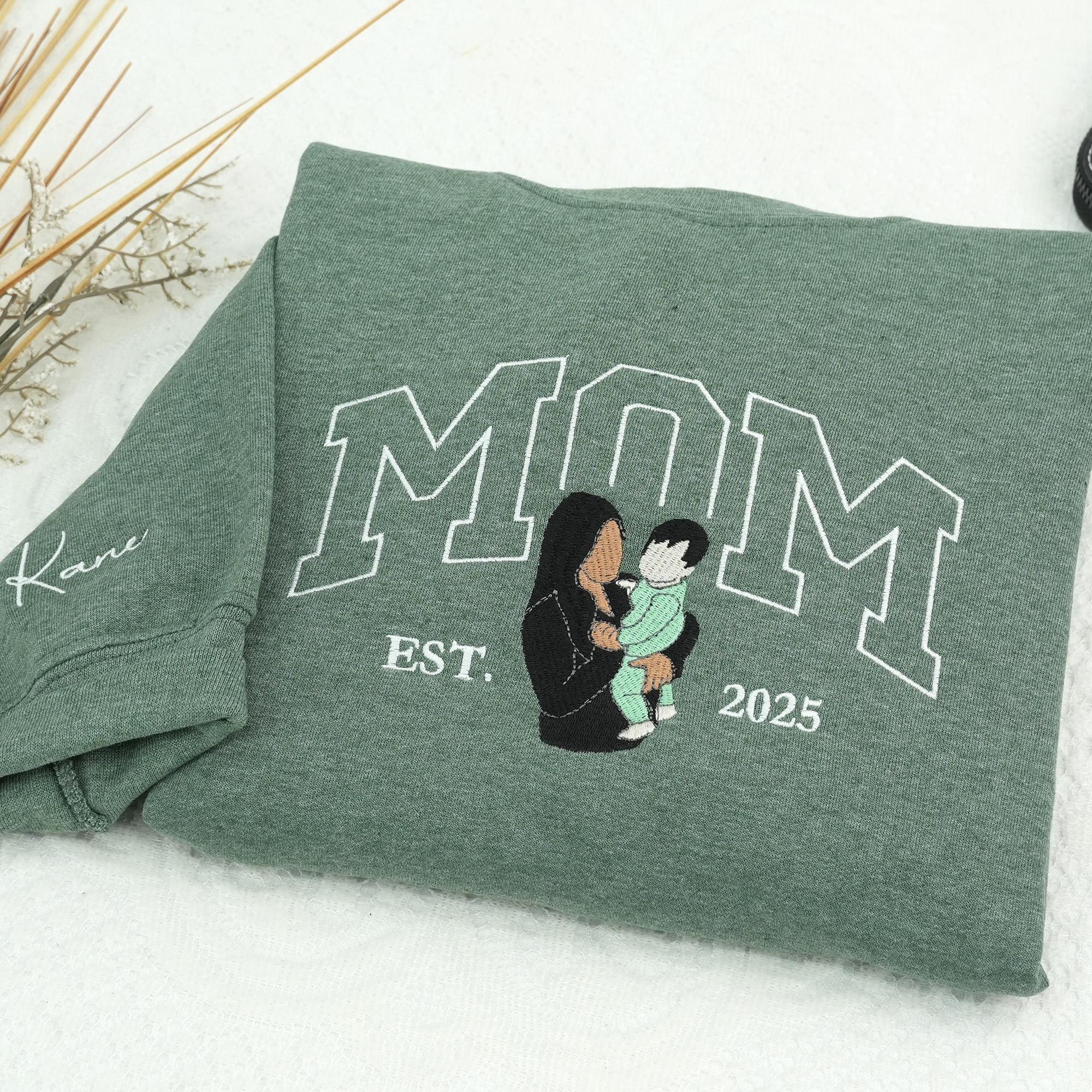 Custom Mama Portrait Sweatshirt – Embroidered Photo Crewneck, Baby Son Gift