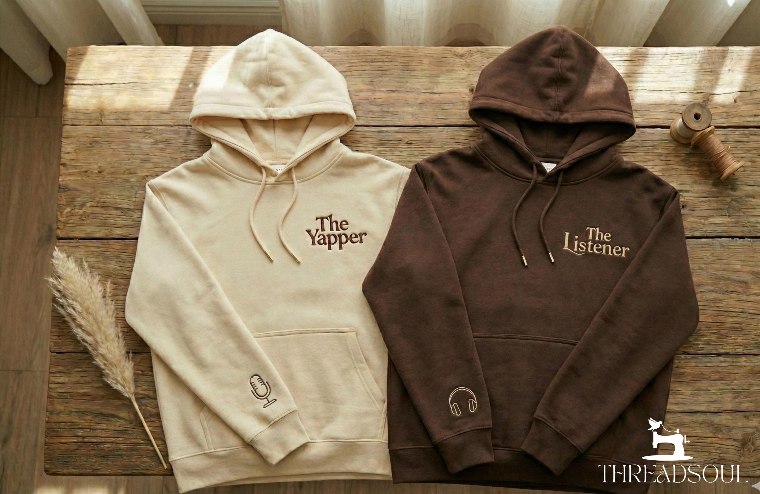 Couple Hoodie Set, Funny Matching Sweatshirt, Gift The Listener The Yapper, Embroidered Couples Outfit
