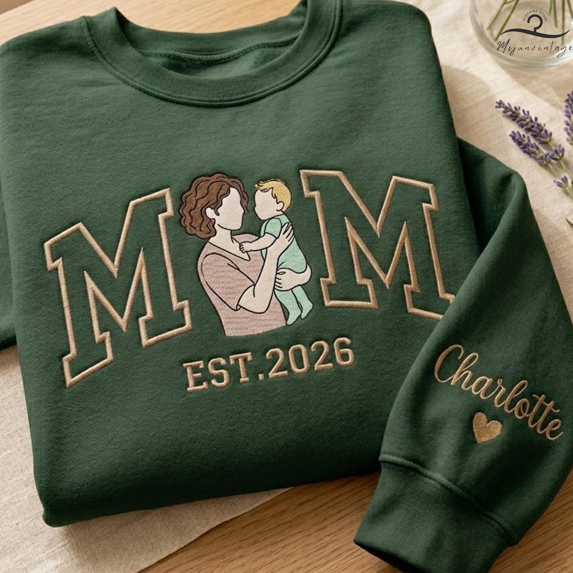 EMBROIDERED Custom Mom Portrait Sweatshirt, Meaningful Mommy Gift, Mother’s Day Crewneck, Mama And Son Photo Shirts, Baby Announcement Idea