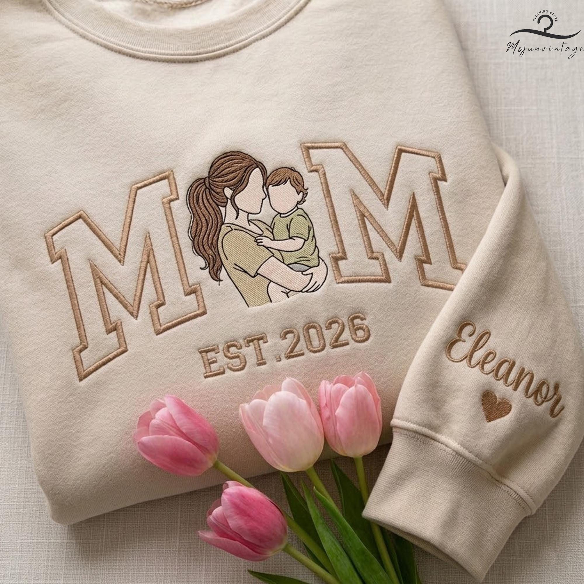EMBROIDERED Custom Mom Portrait Sweatshirt, Meaningful Mommy Gift, Mother’s Day Crewneck, Mama And Son Photo Shirts, Baby Announcement Idea