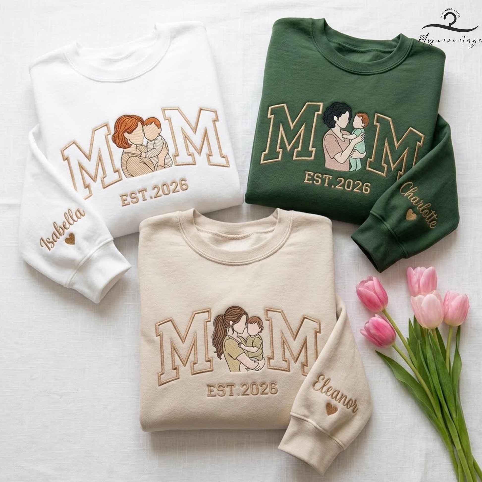 EMBROIDERED Custom Mom Portrait Sweatshirt, Meaningful Mommy Gift, Mother’s Day Crewneck, Mama And Son Photo Shirts, Baby Announcement Idea