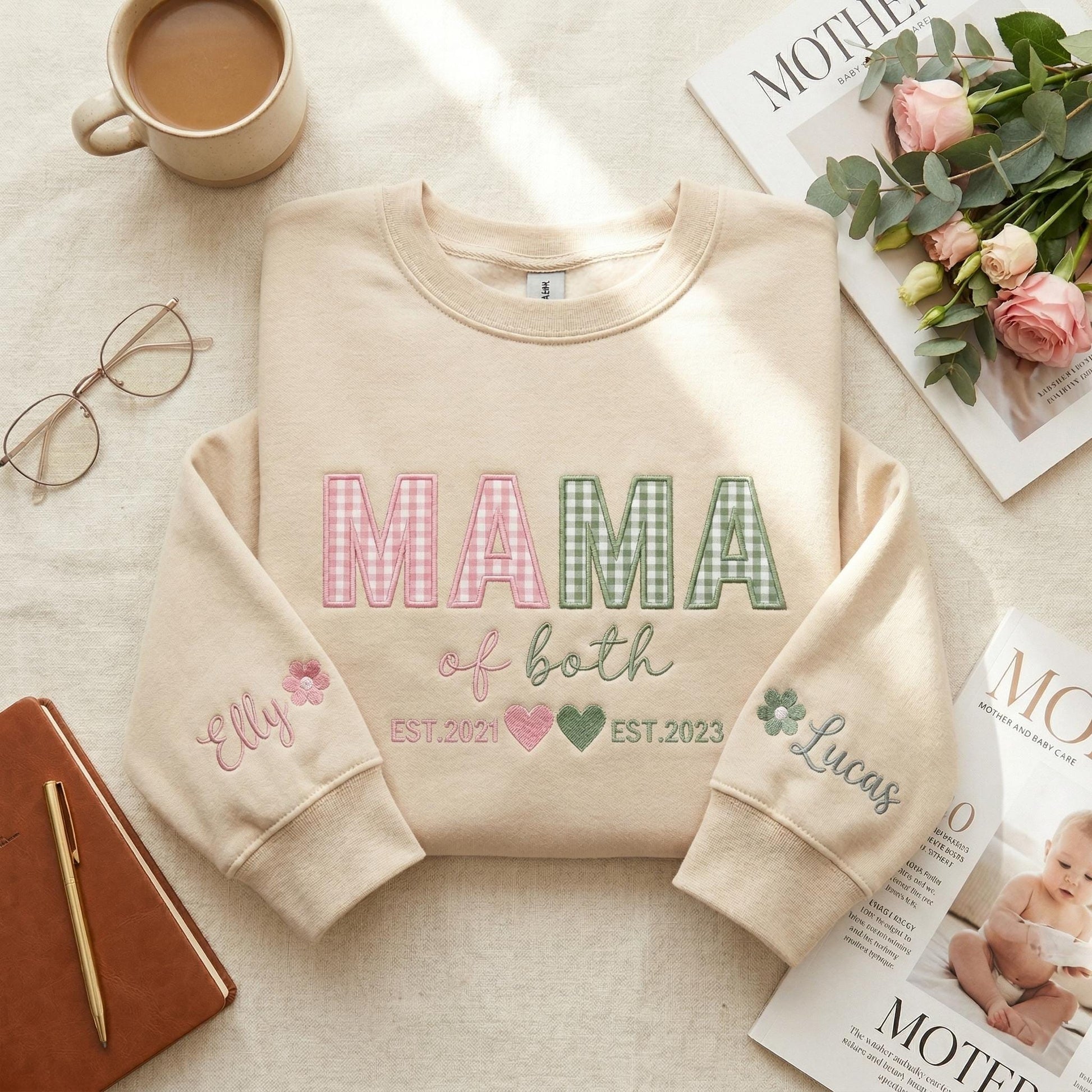 Custom Gingham Applique Crewneck Mama Sweatshirt, Personalized Boy and Girl Mom Shirt, Mama of Both Embroidered Sweatshirt