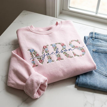 Personalized Mrs Floral Embroidered Sweatshirt, Custom Last Name Bride Gift, Wedding Day Pullover, Engagement Gift, Honeymoon Oufit