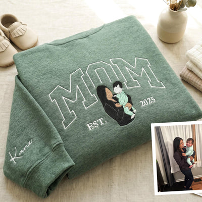 Custom Mama Portrait Sweatshirt – Embroidered Photo Crewneck, Baby Son Gift