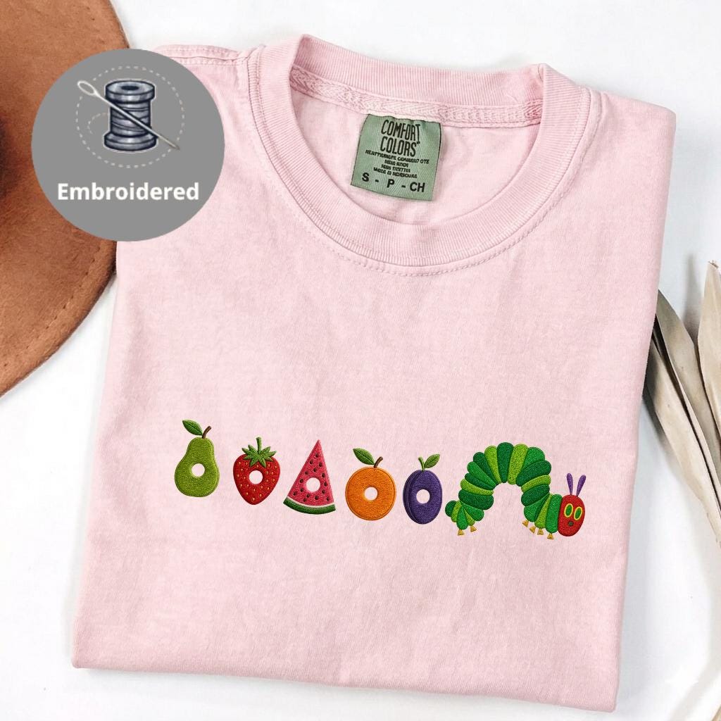 Cute Worm Embroidered Shirt, Fruit Caterpillar Aesthetic Tee, Garden Bug Shirt, Comfort Colors Nature Top, Book Lover Gift