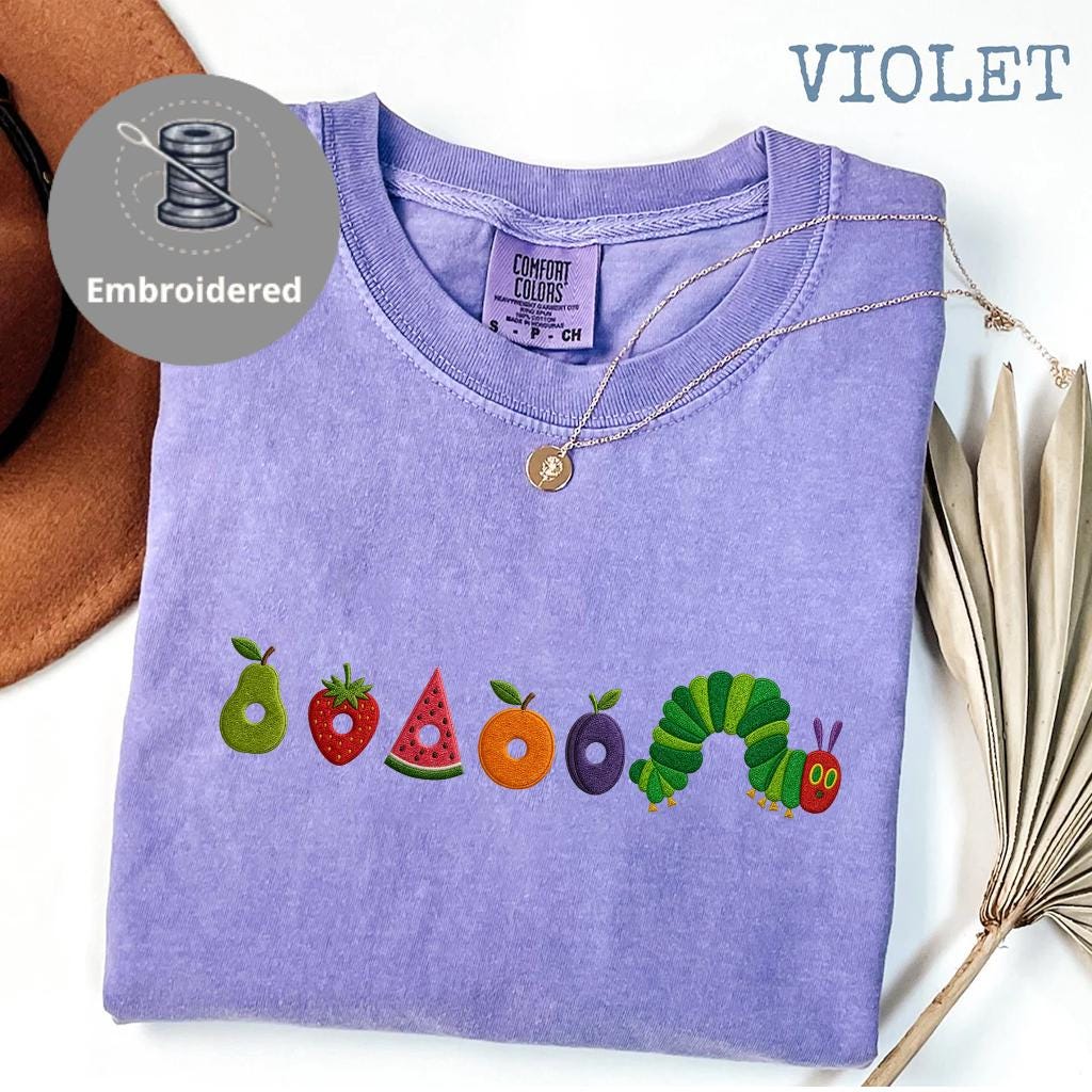 Cute Worm Embroidered Shirt, Fruit Caterpillar Aesthetic Tee, Garden Bug Shirt, Comfort Colors Nature Top, Book Lover Gift