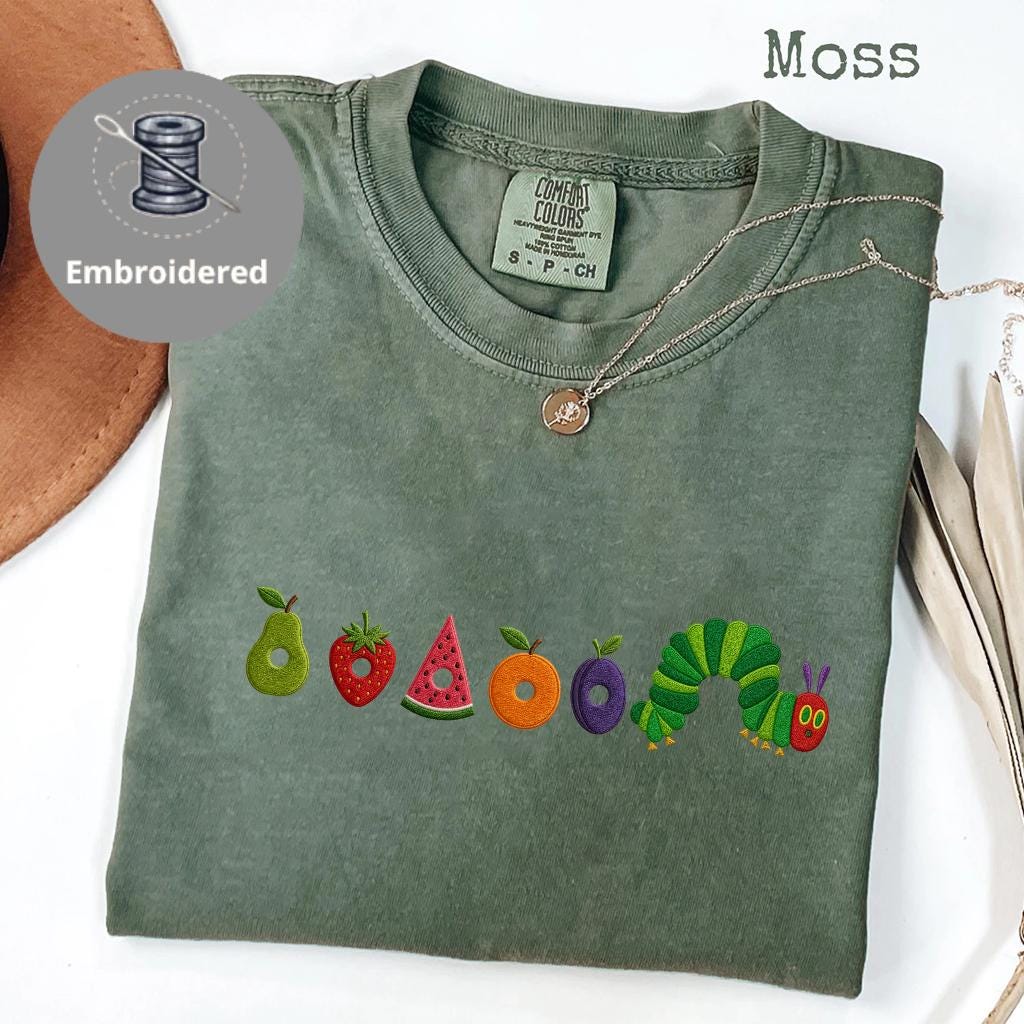 Cute Worm Embroidered Shirt, Fruit Caterpillar Aesthetic Tee, Garden Bug Shirt, Comfort Colors Nature Top, Book Lover Gift