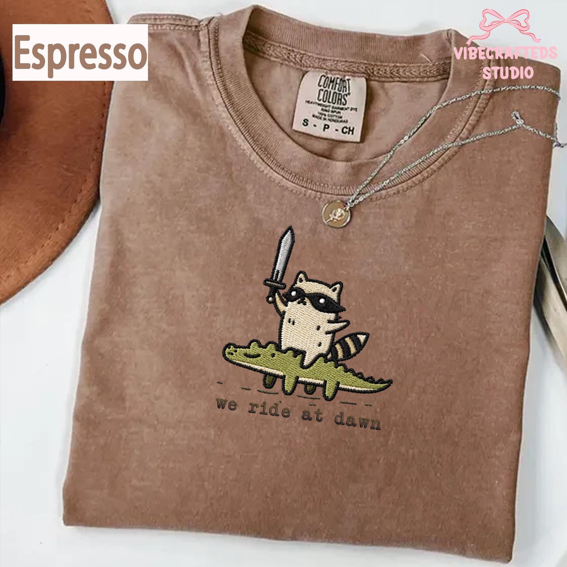 We Ride At Dawn Embroidered Raccoon Shirt, Funny Trash Panda Comfort Colors Tee