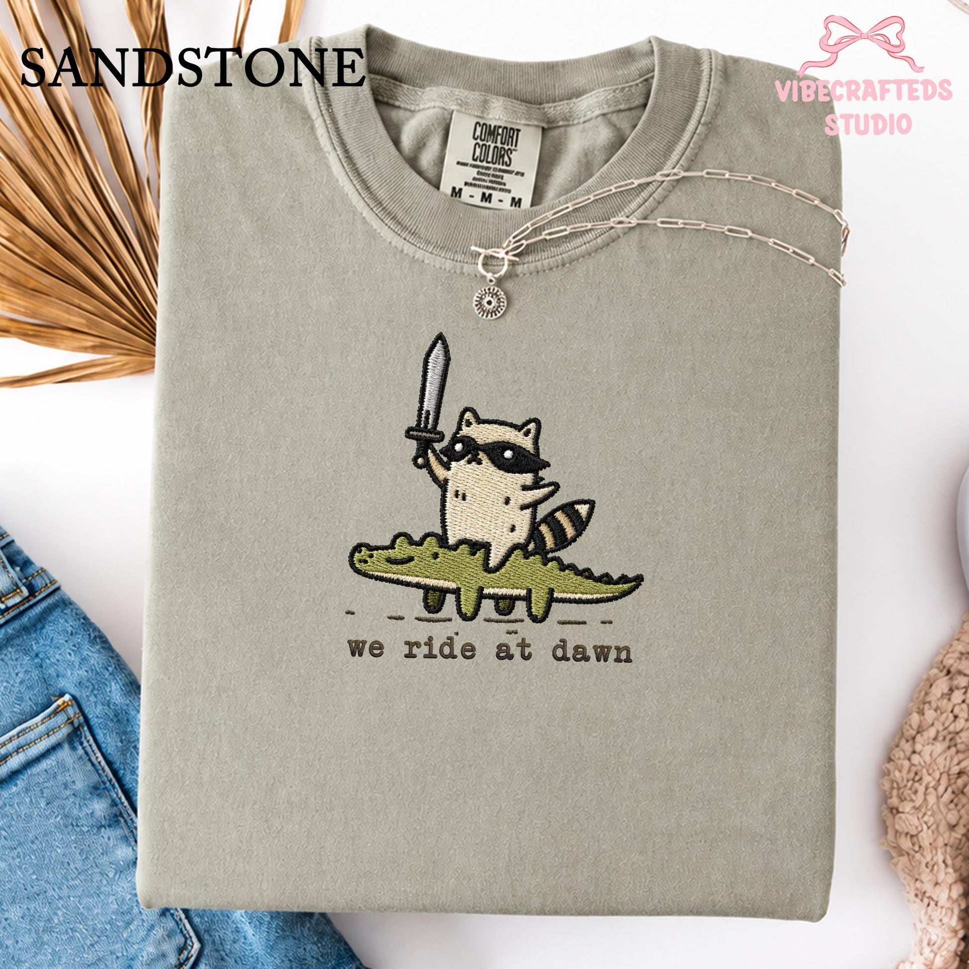 We Ride At Dawn Embroidered Raccoon Shirt, Funny Trash Panda Comfort Colors Tee