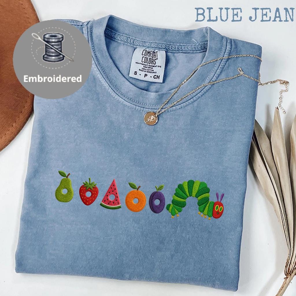 Cute Worm Embroidered Shirt, Fruit Caterpillar Aesthetic Tee, Garden Bug Shirt, Comfort Colors Nature Top, Book Lover Gift