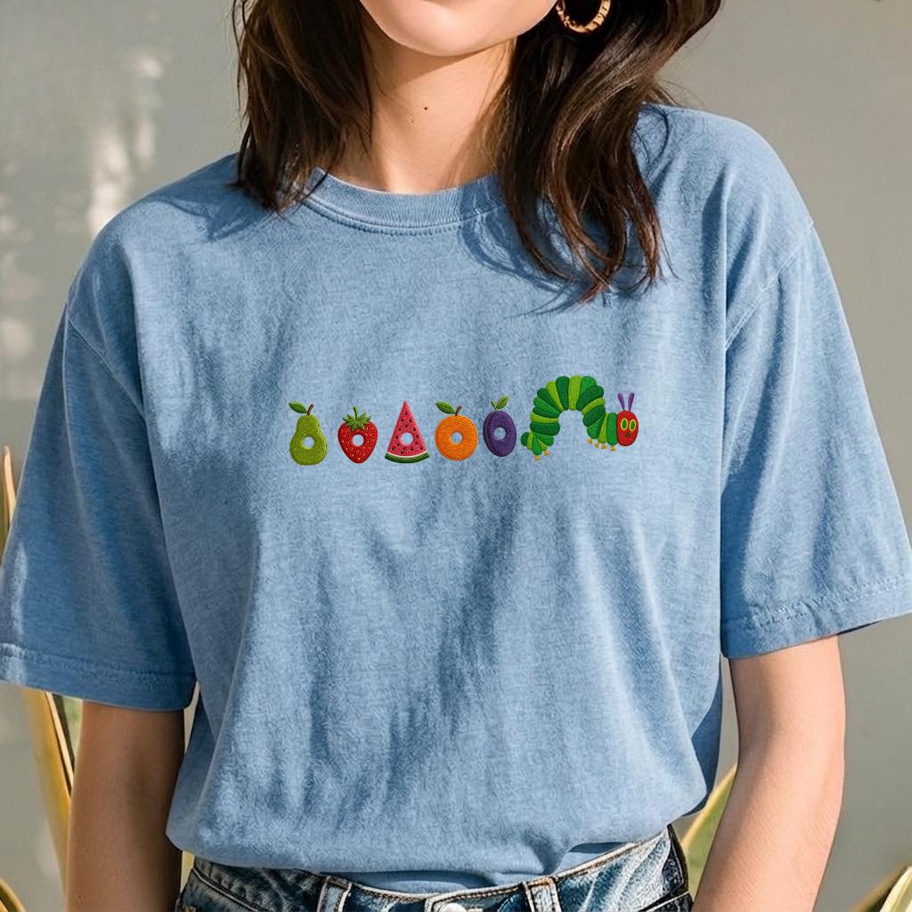 Cute Worm Embroidered Shirt, Fruit Caterpillar Aesthetic Tee, Garden Bug Shirt, Comfort Colors Nature Top, Book Lover Gift