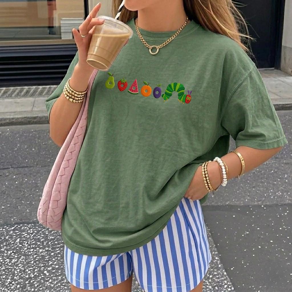 Cute Worm Embroidered Shirt, Fruit Caterpillar Aesthetic Tee, Garden Bug Shirt, Comfort Colors Nature Top, Book Lover Gift
