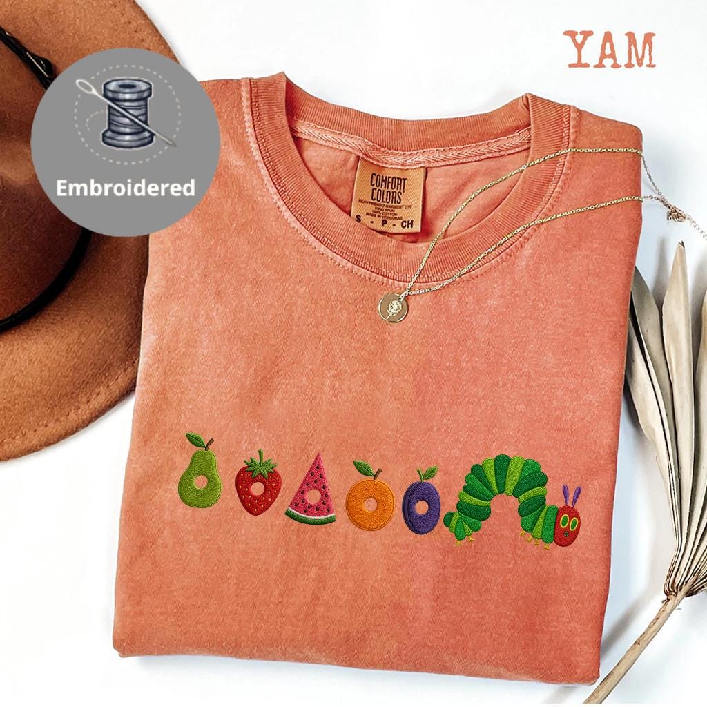 Cute Worm Embroidered Shirt, Fruit Caterpillar Aesthetic Tee, Garden Bug Shirt, Comfort Colors Nature Top, Book Lover Gift