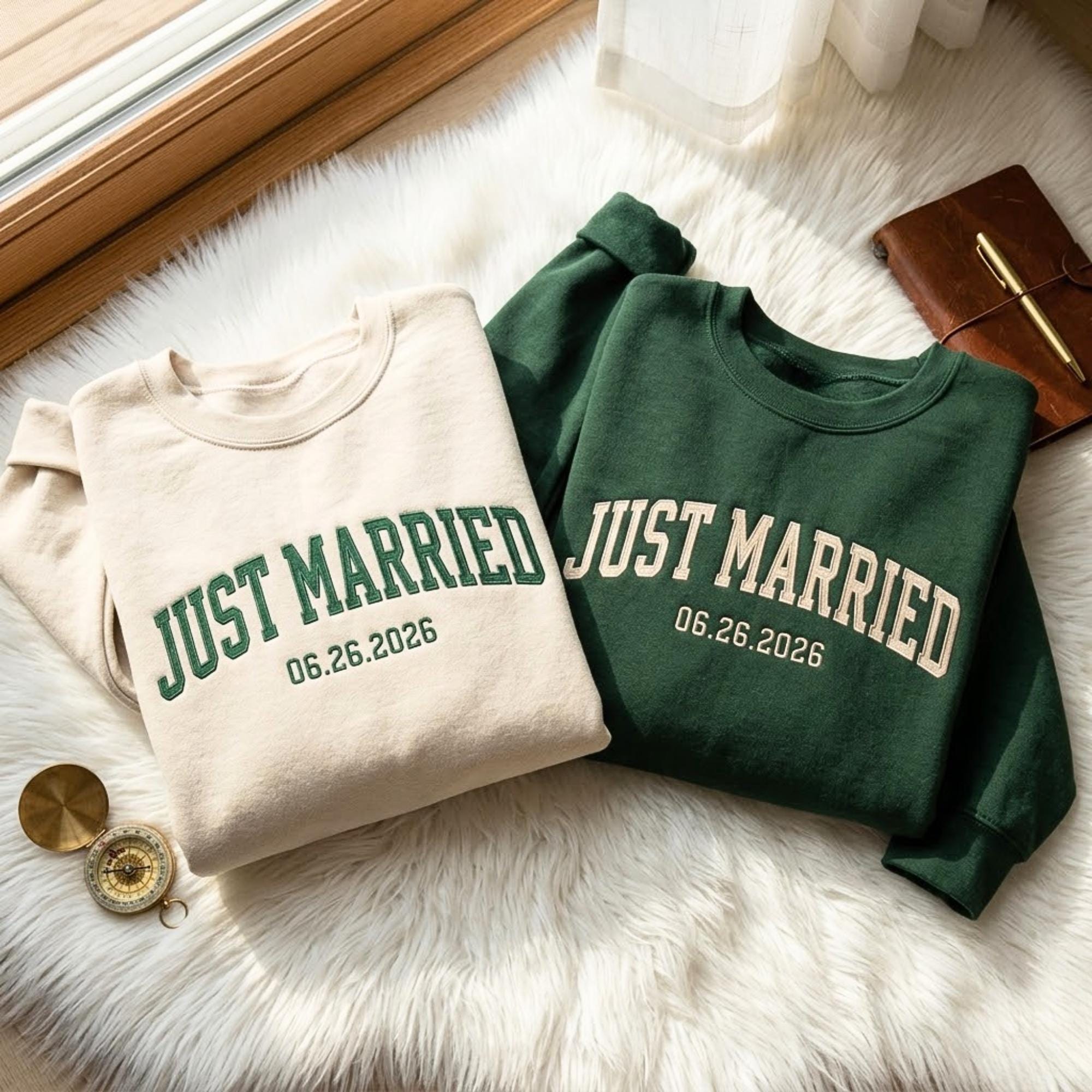 Just Married Embroidered Sweatshirt – Custom Honeymoon Tee, Newlywed Matching Shirts, Personalized Wedding Couple Gift