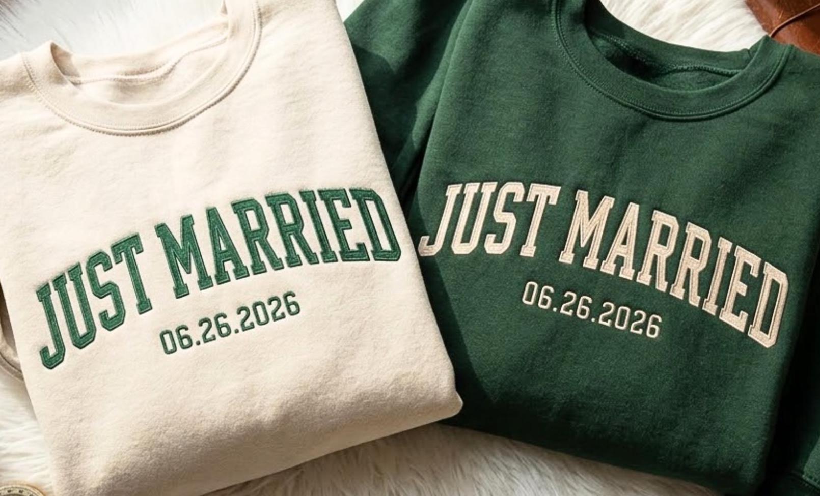 Just Married Embroidered Sweatshirt – Custom Honeymoon Tee, Newlywed Matching Shirts, Personalized Wedding Couple Gift