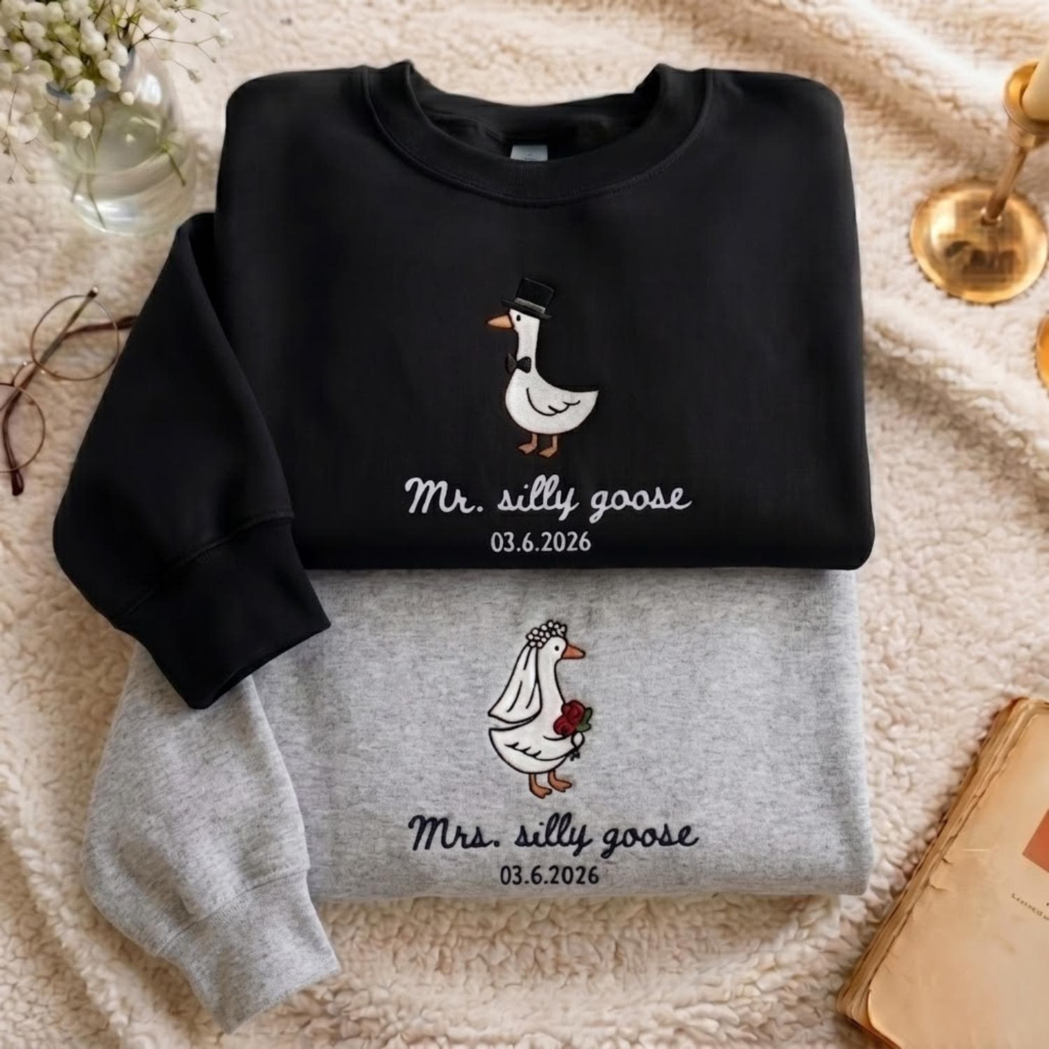 Embroidered Mr And Mrs Silly Goose Sweatshirt, Newlywed Matching Couple Tee, Bride And Groom Funny Honeymoon Shirt, Wedding Gift Anniversary