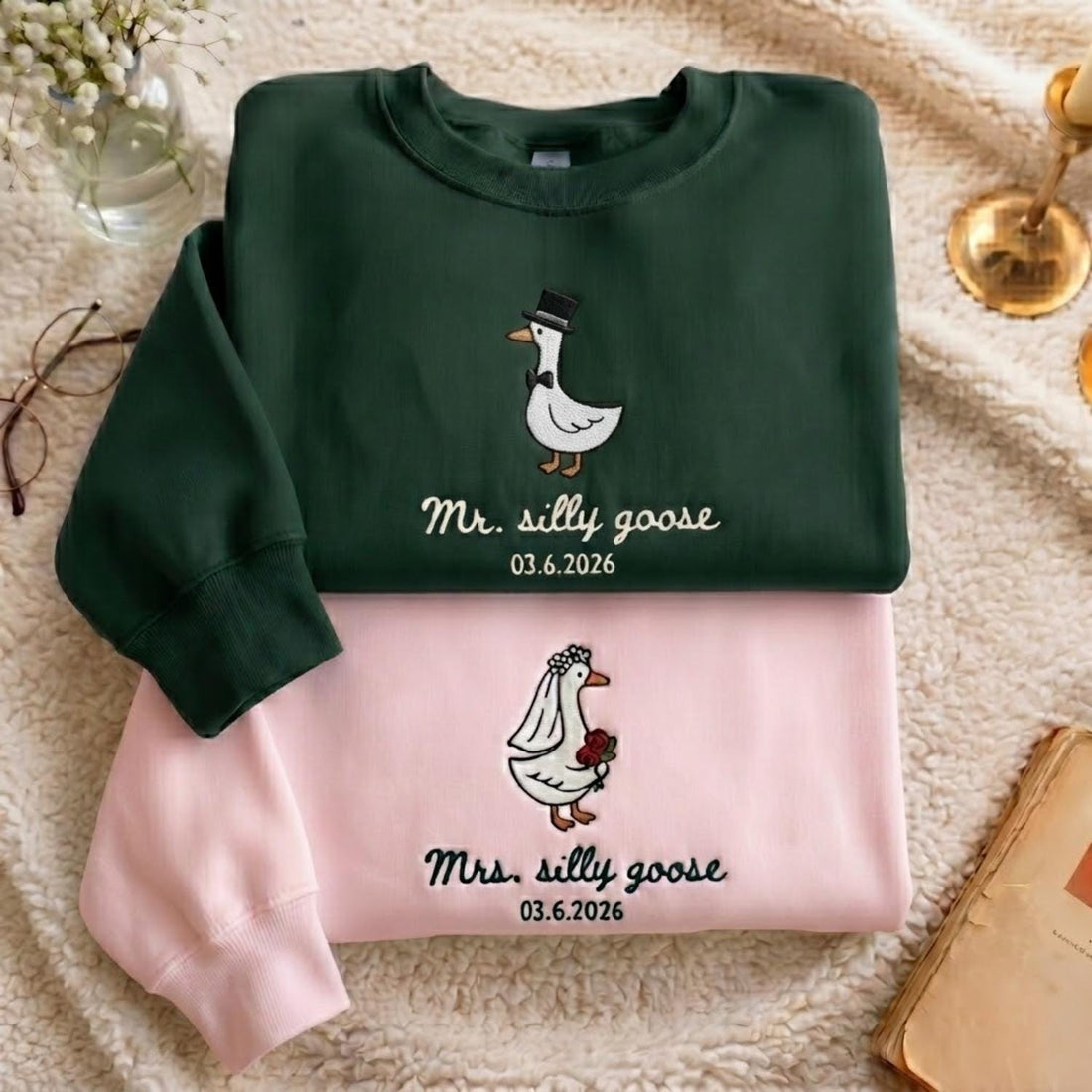 Embroidered Mr And Mrs Silly Goose Sweatshirt, Newlywed Matching Couple Tee, Bride And Groom Funny Honeymoon Shirt, Wedding Gift Anniversary