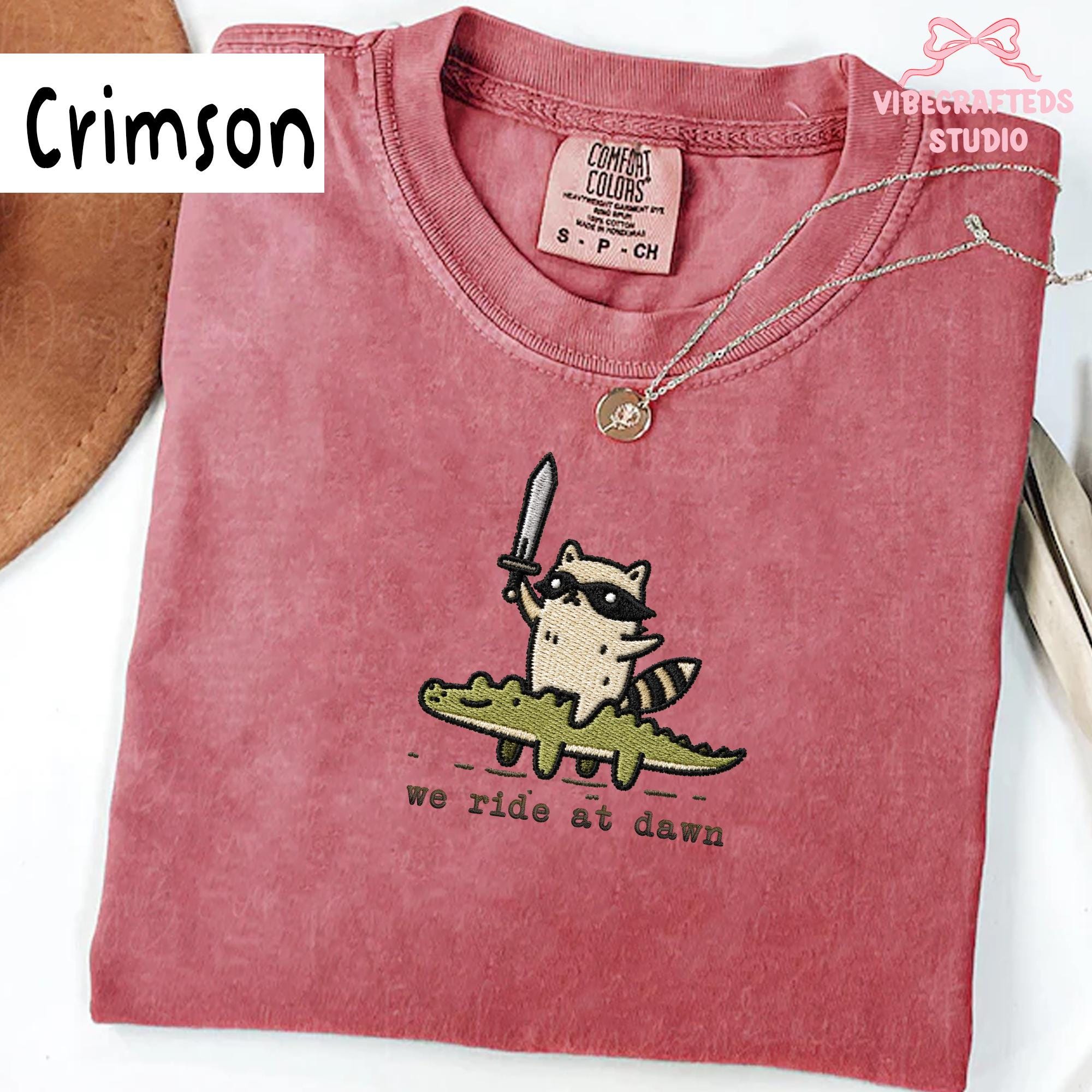 We Ride At Dawn Embroidered Raccoon Shirt, Funny Trash Panda Comfort Colors Tee