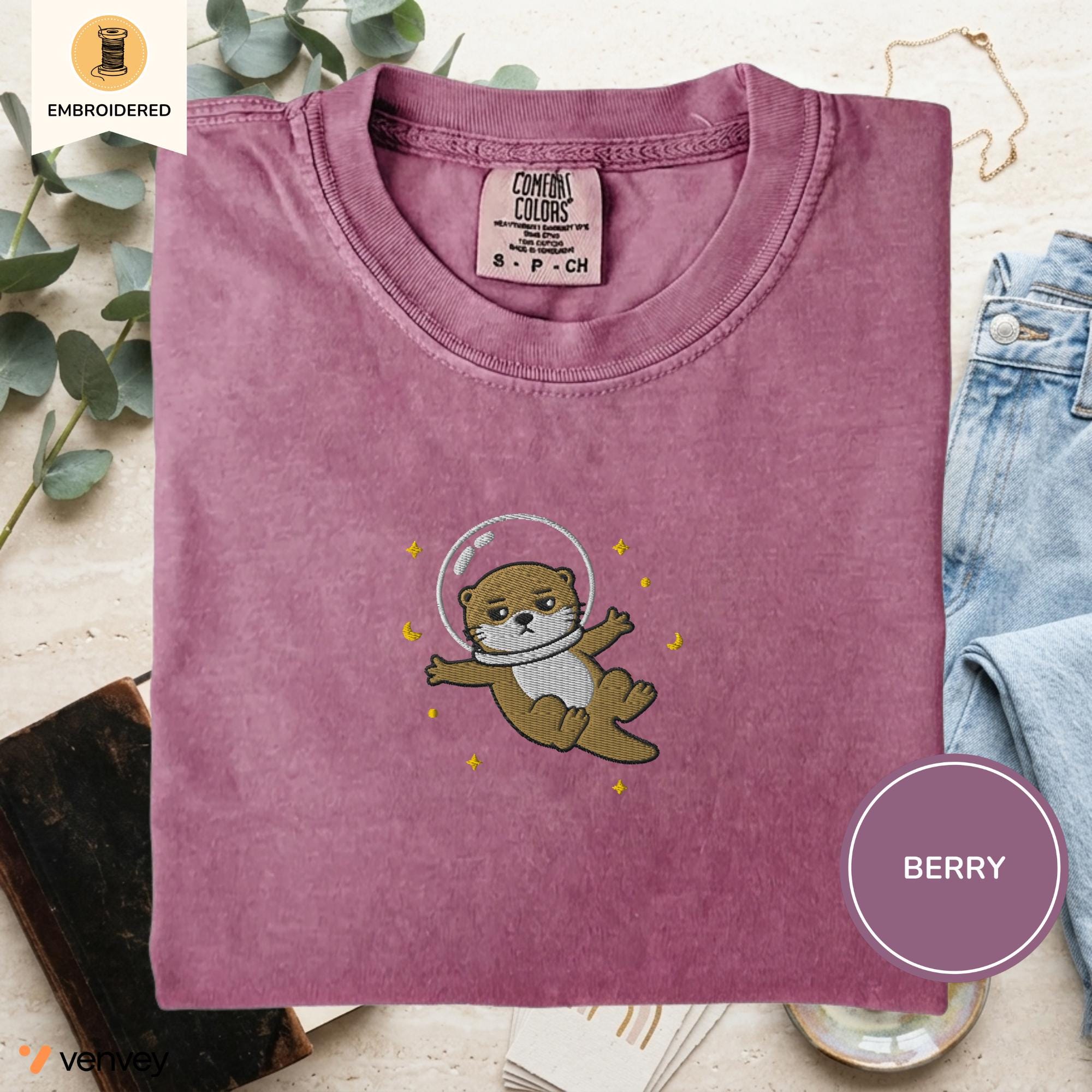 Embroidered Space Otter Shirt, Cute Astronaut Sea Otter Tee, Comfort Colors Otter Lover Gift, Minimal Embroidery Shirt