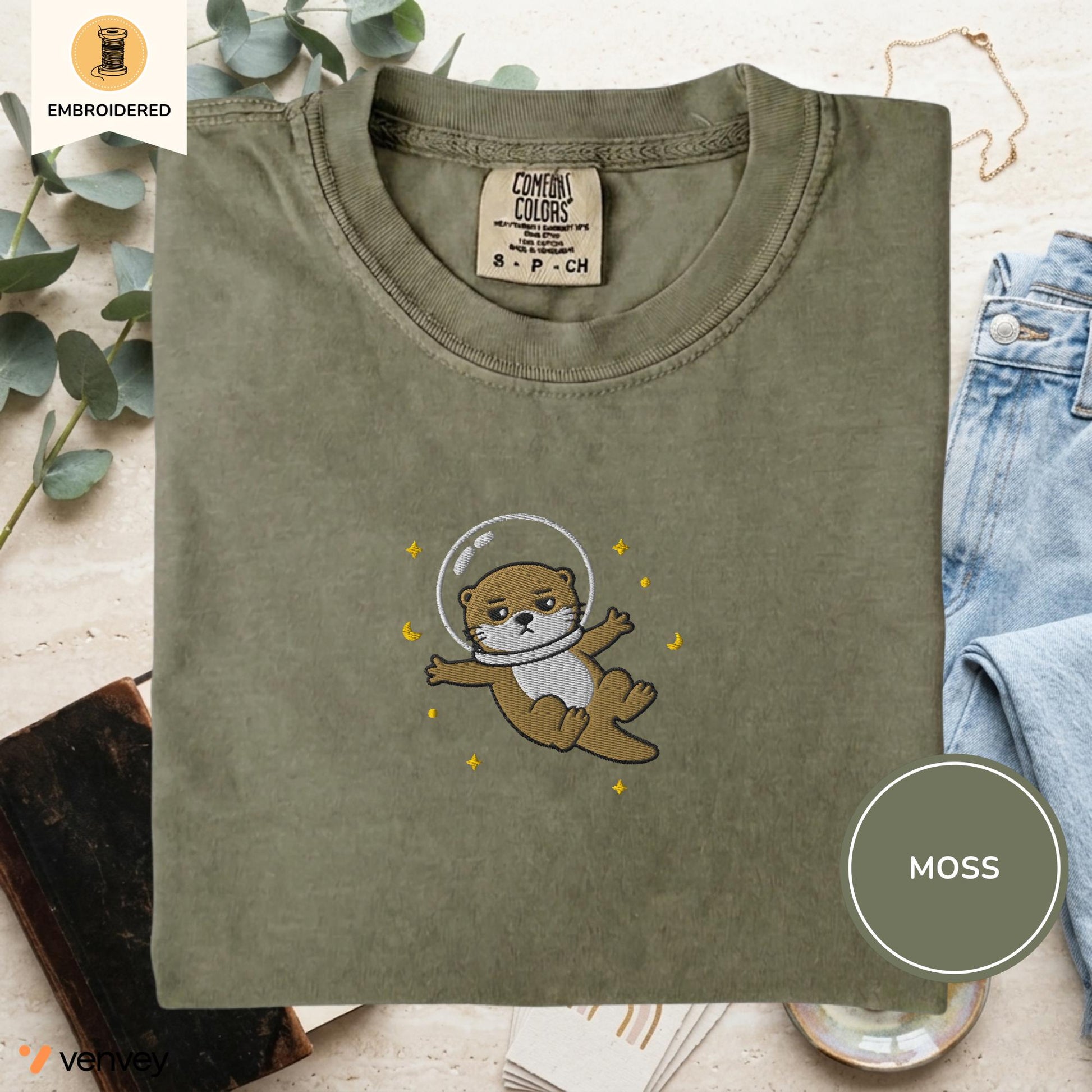 Embroidered Space Otter Shirt, Cute Astronaut Sea Otter Tee, Comfort Colors Otter Lover Gift, Minimal Embroidery Shirt