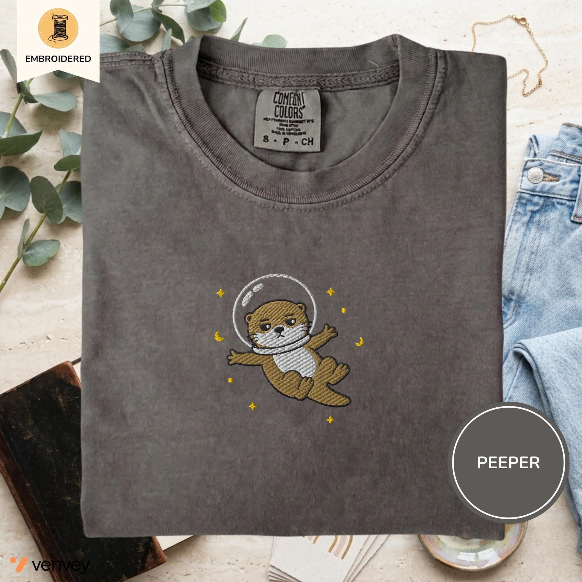Embroidered Space Otter Shirt, Cute Astronaut Sea Otter Tee, Comfort Colors Otter Lover Gift, Minimal Embroidery Shirt