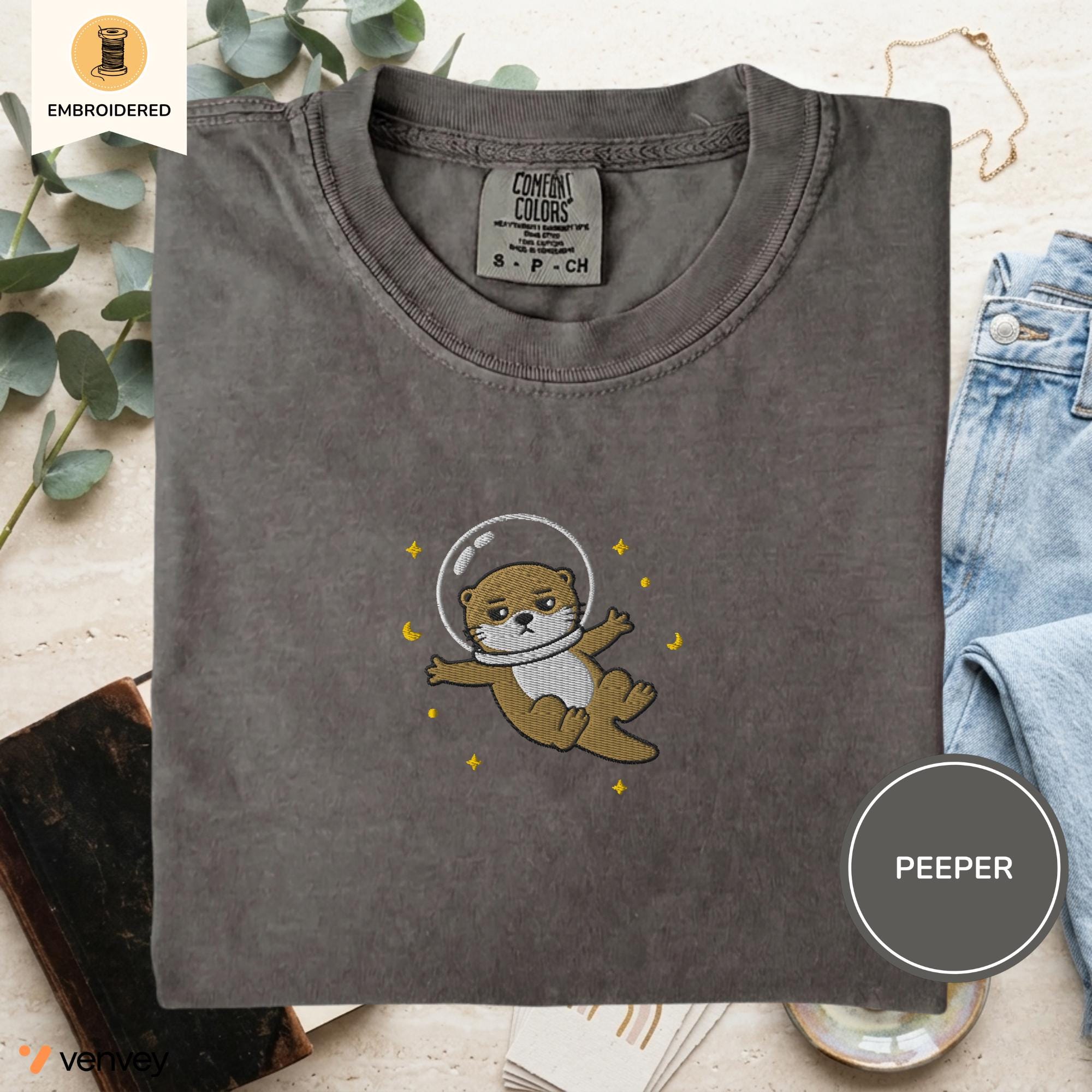 Embroidered Space Otter Shirt, Cute Astronaut Sea Otter Tee, Comfort Colors Otter Lover Gift, Minimal Embroidery Shirt