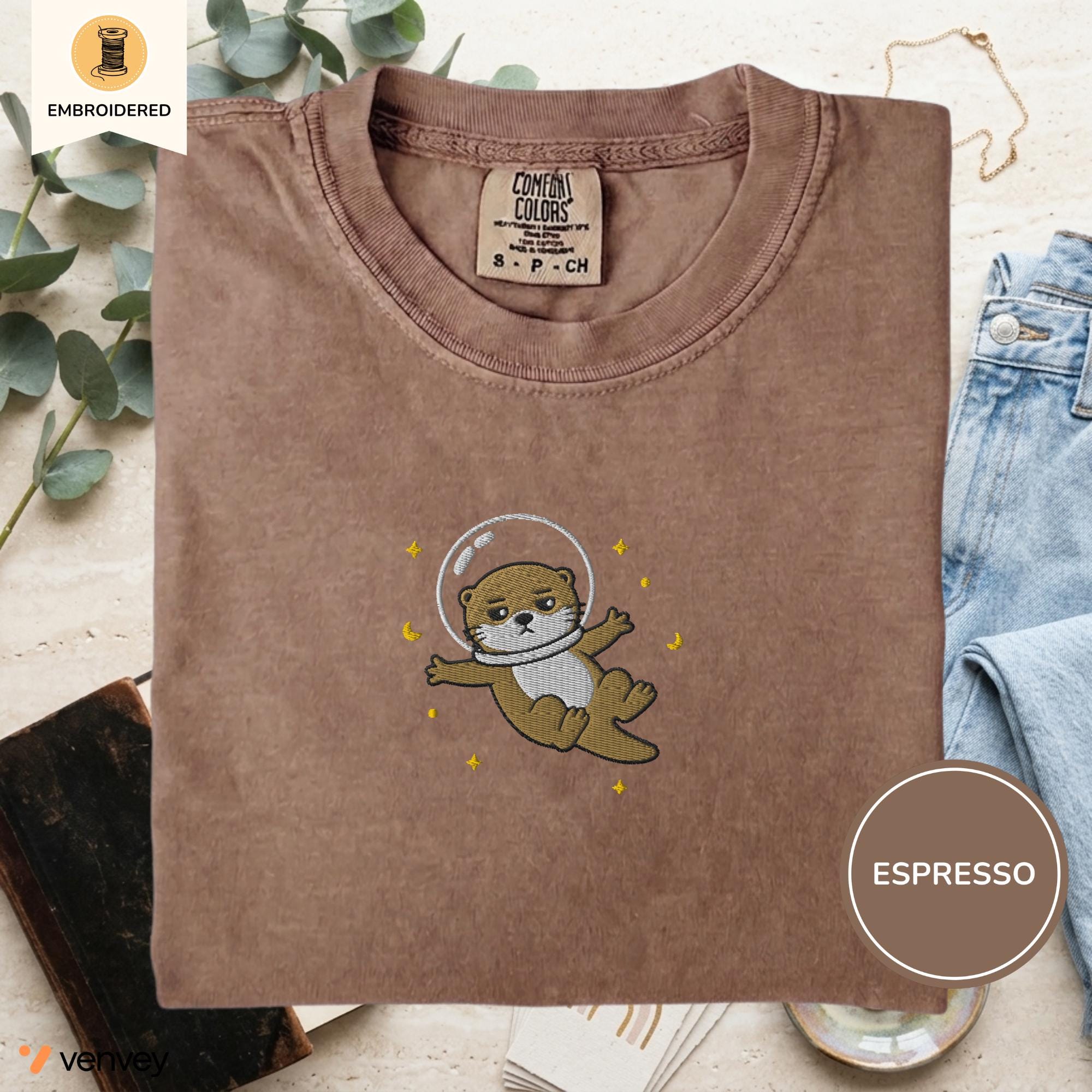 Embroidered Space Otter Shirt, Cute Astronaut Sea Otter Tee, Comfort Colors Otter Lover Gift, Minimal Embroidery Shirt