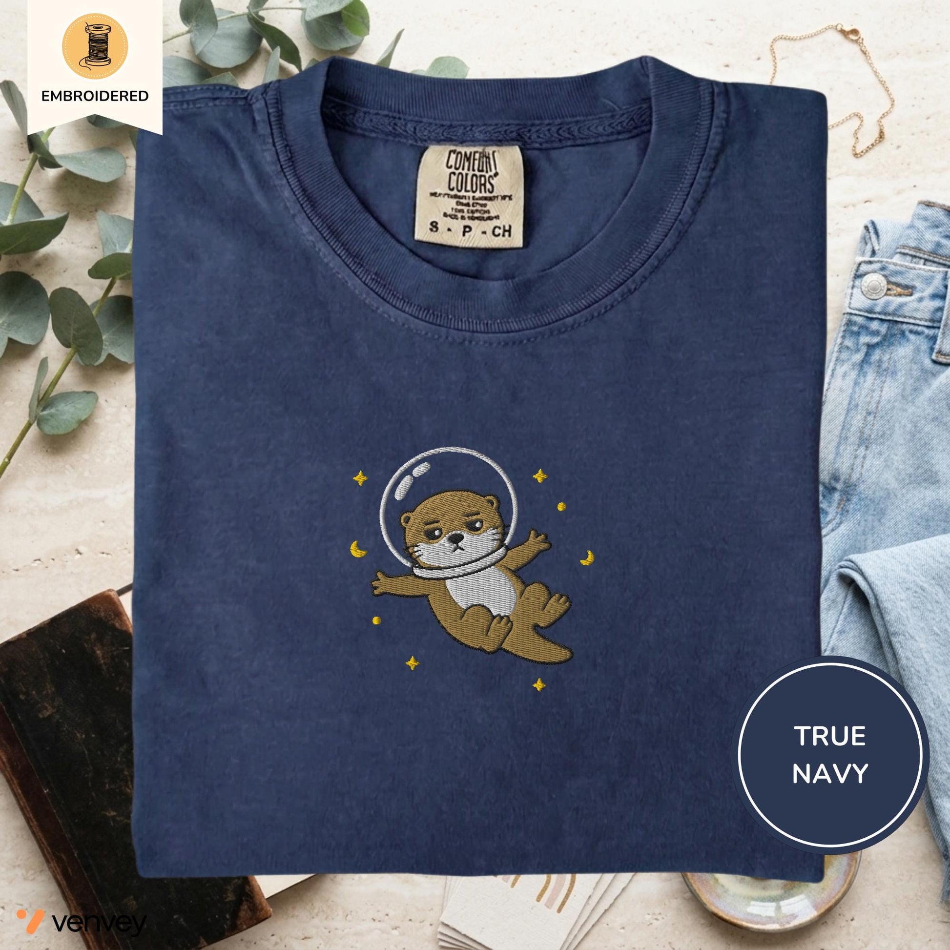 Embroidered Space Otter Shirt, Cute Astronaut Sea Otter Tee, Comfort Colors Otter Lover Gift, Minimal Embroidery Shirt