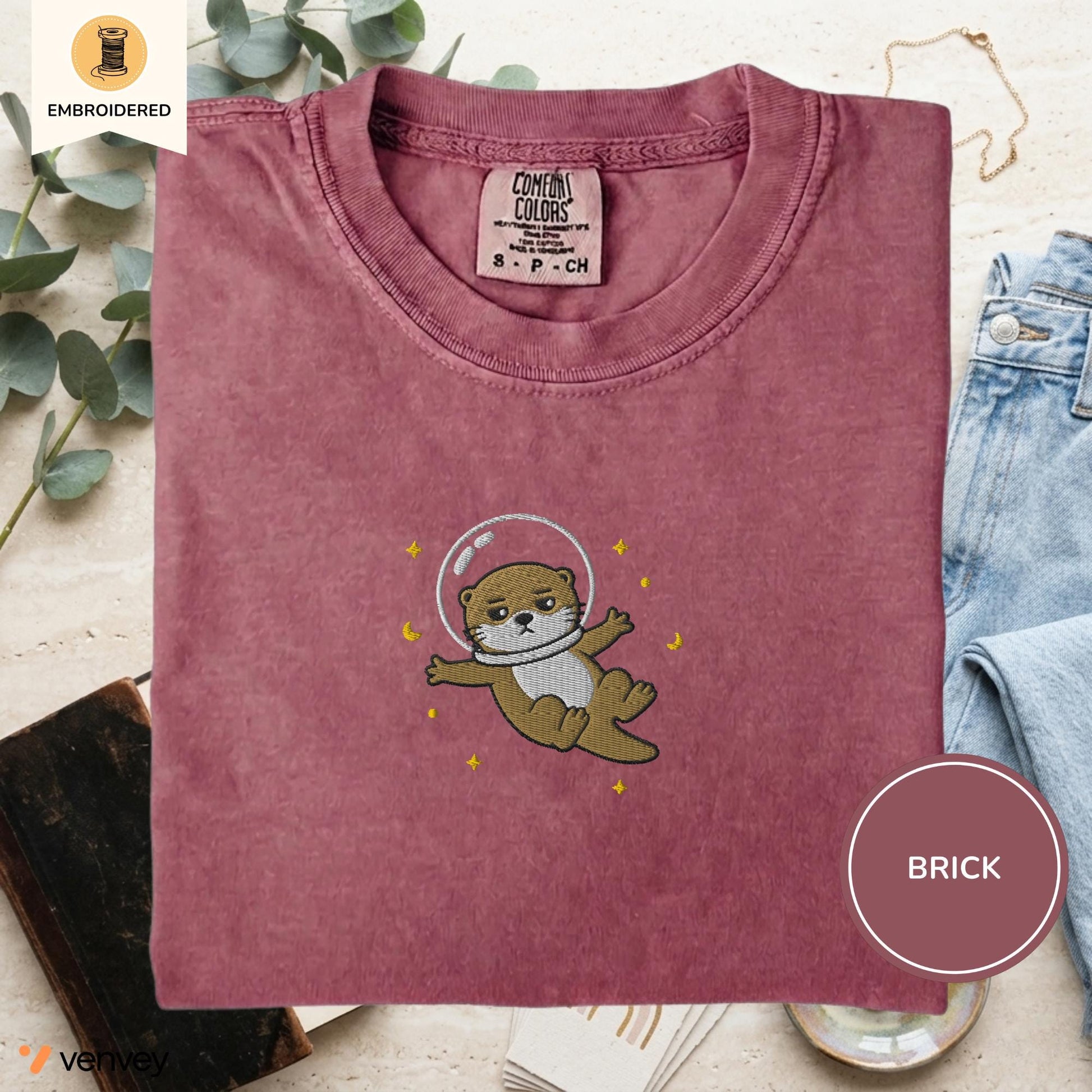 Embroidered Space Otter Shirt, Cute Astronaut Sea Otter Tee, Comfort Colors Otter Lover Gift, Minimal Embroidery Shirt